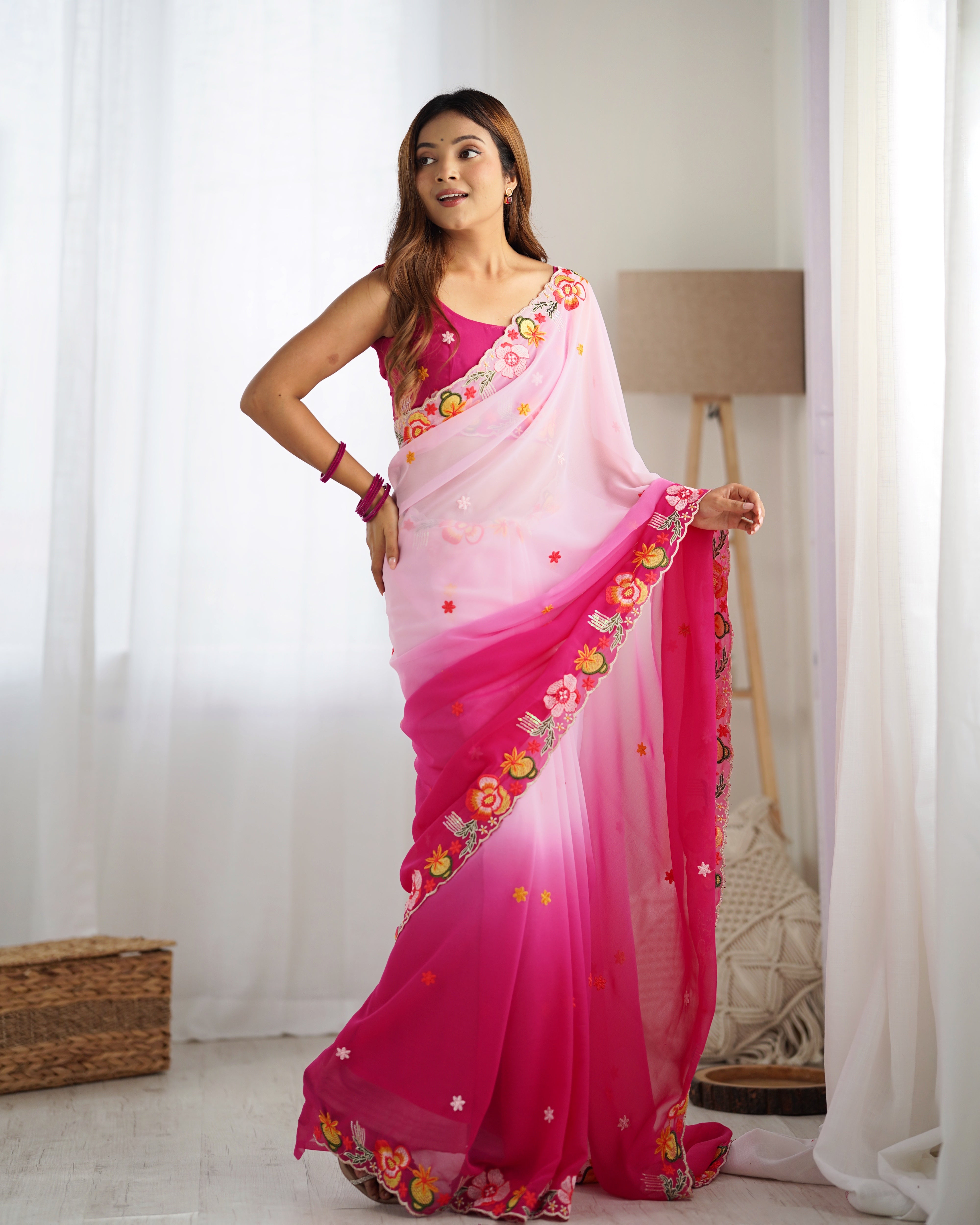 Pink Pedding With Embroidery Work Bollywood Style Georgette Saree