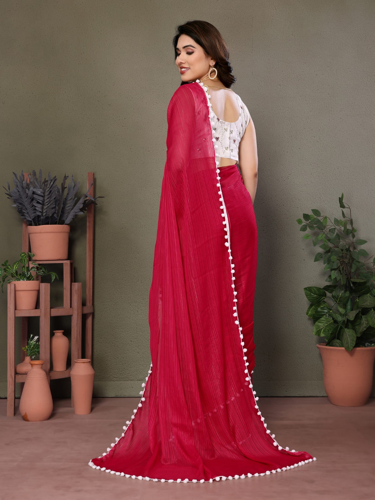 Pink Polyester Zari Saree With Plain Saree With Embroidery Work Blouse And Pum Pum Lace