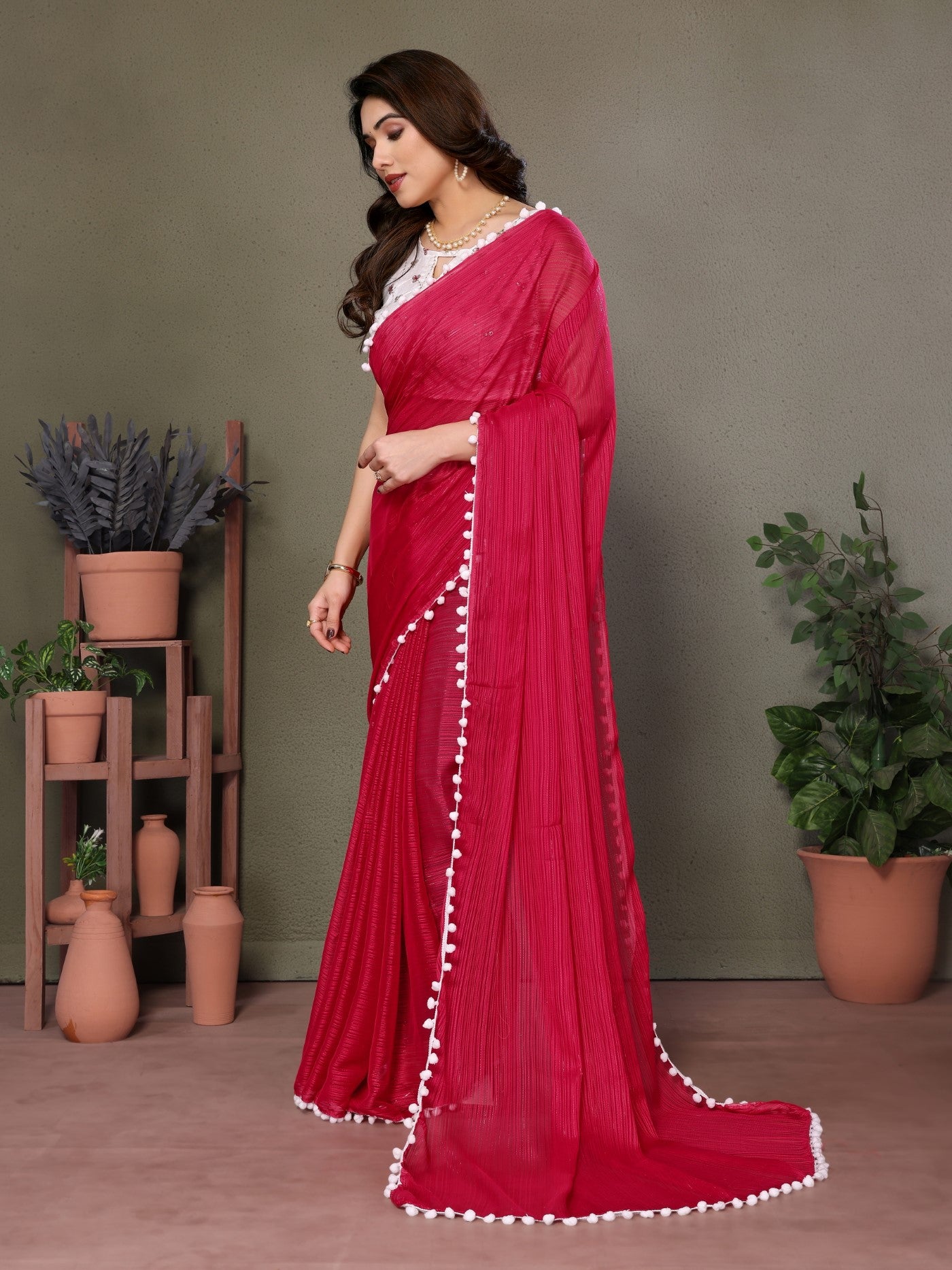Pink Polyester Zari Saree With Plain Saree With Embroidery Work Blouse And Pum Pum Lace