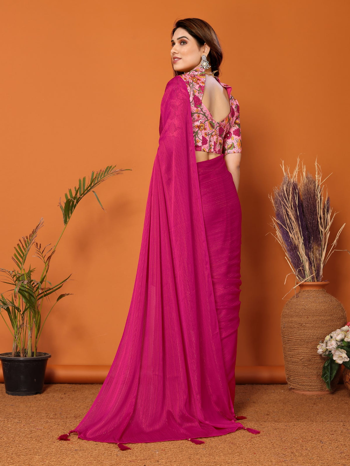 Pink Polyester Zari Saree With Plain Saree With Kalamkari Print Blouse