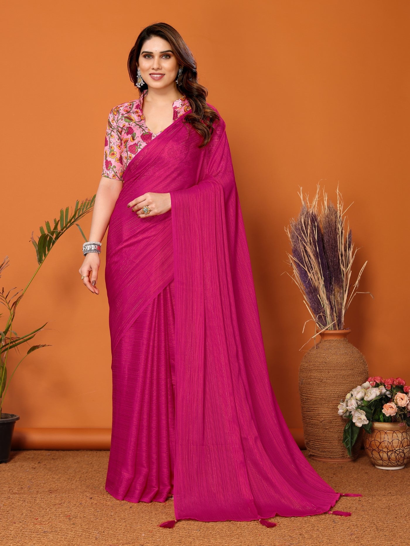 Pink Polyester Zari Saree With Plain Saree With Kalamkari Print Blouse