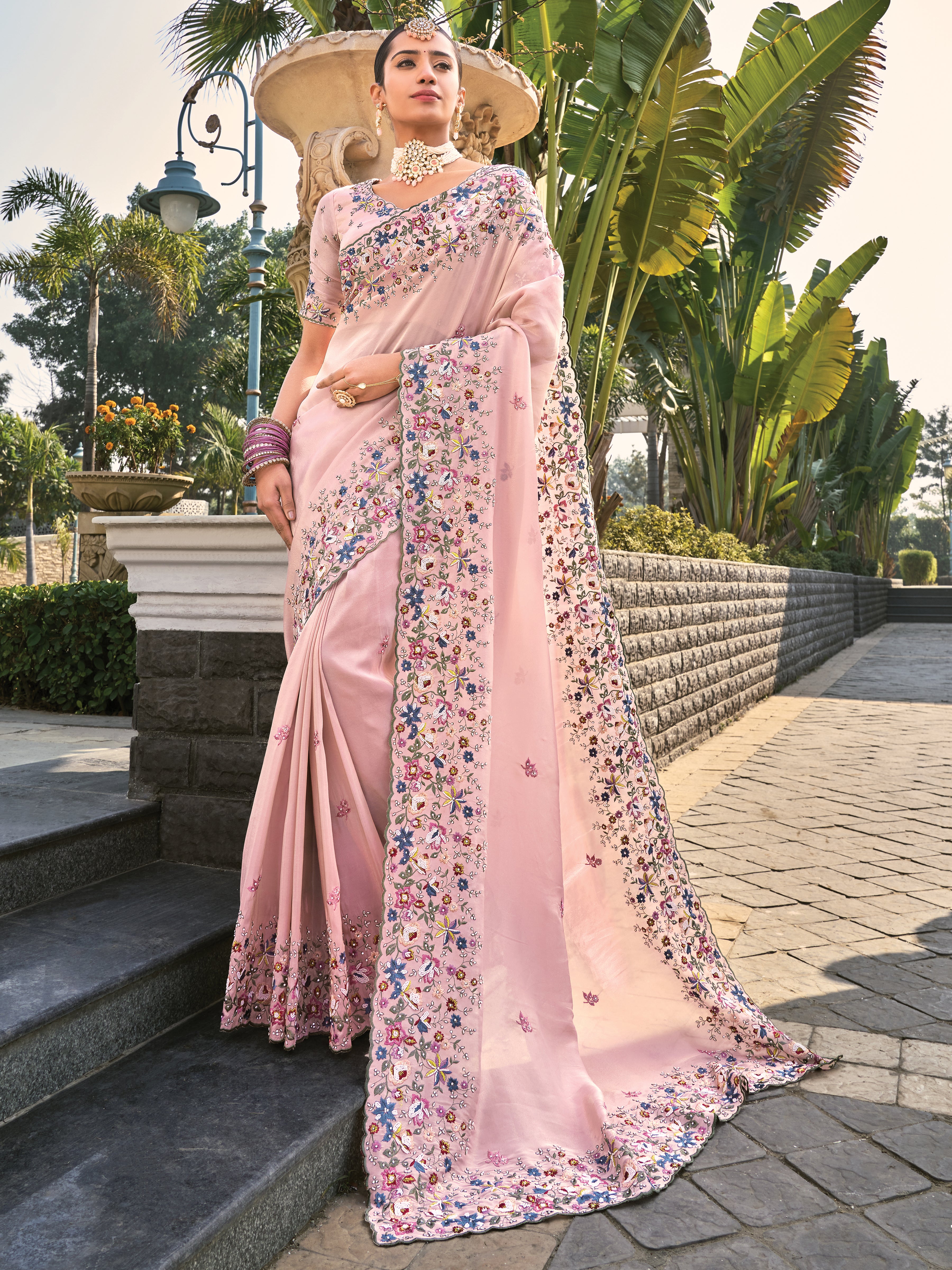 Pink Pure Banarasi Jari Saree With Embroidery Work