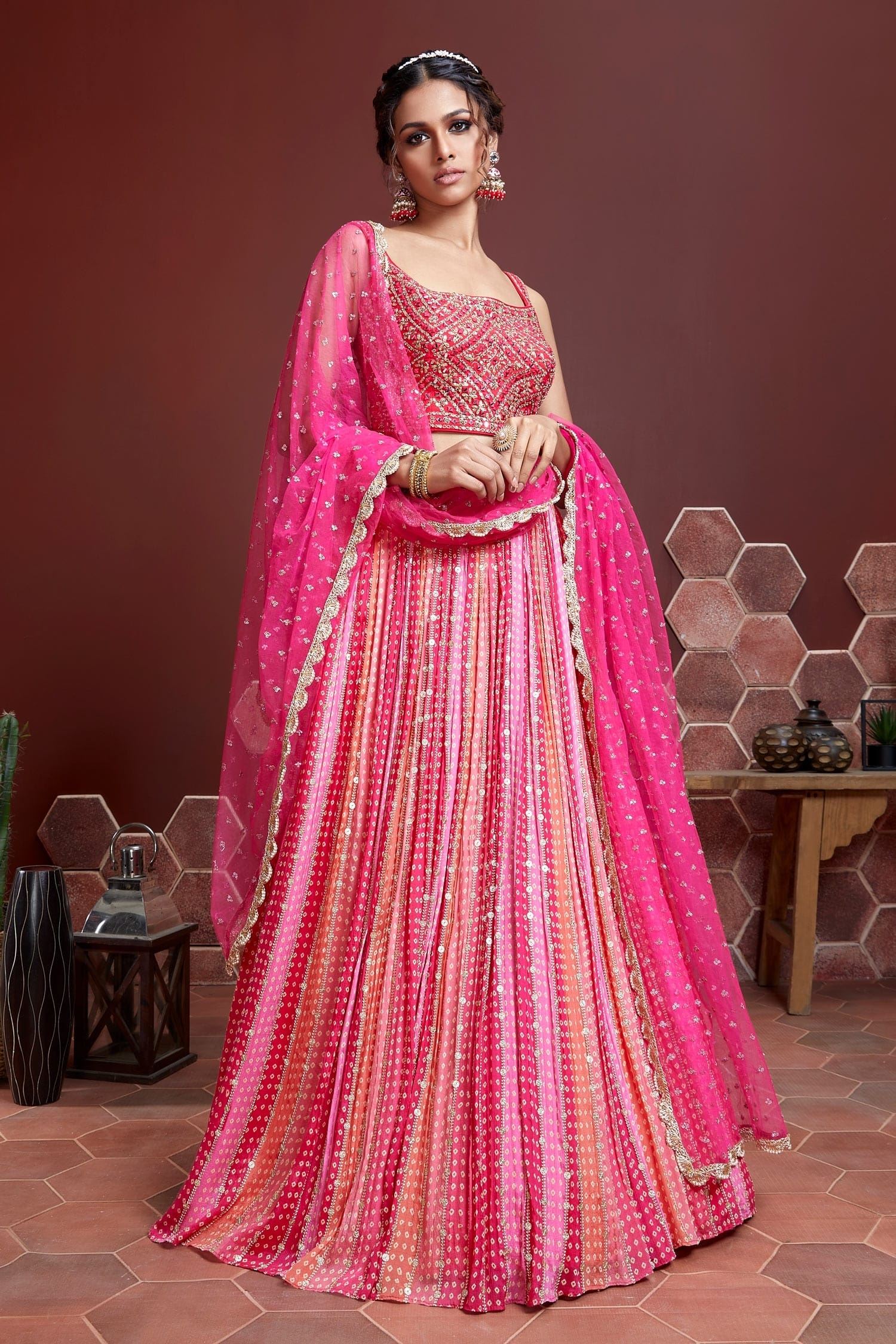 Pink Pure Chinnon Silk Lehenga Choli With Digital Position Print and Heavy Embroidery with Real mirror work