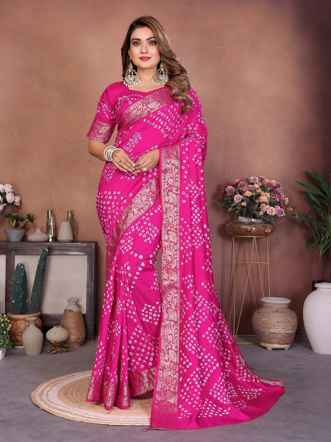 Pink Pure Dola Silk Saree With Handmade Original Bandhej