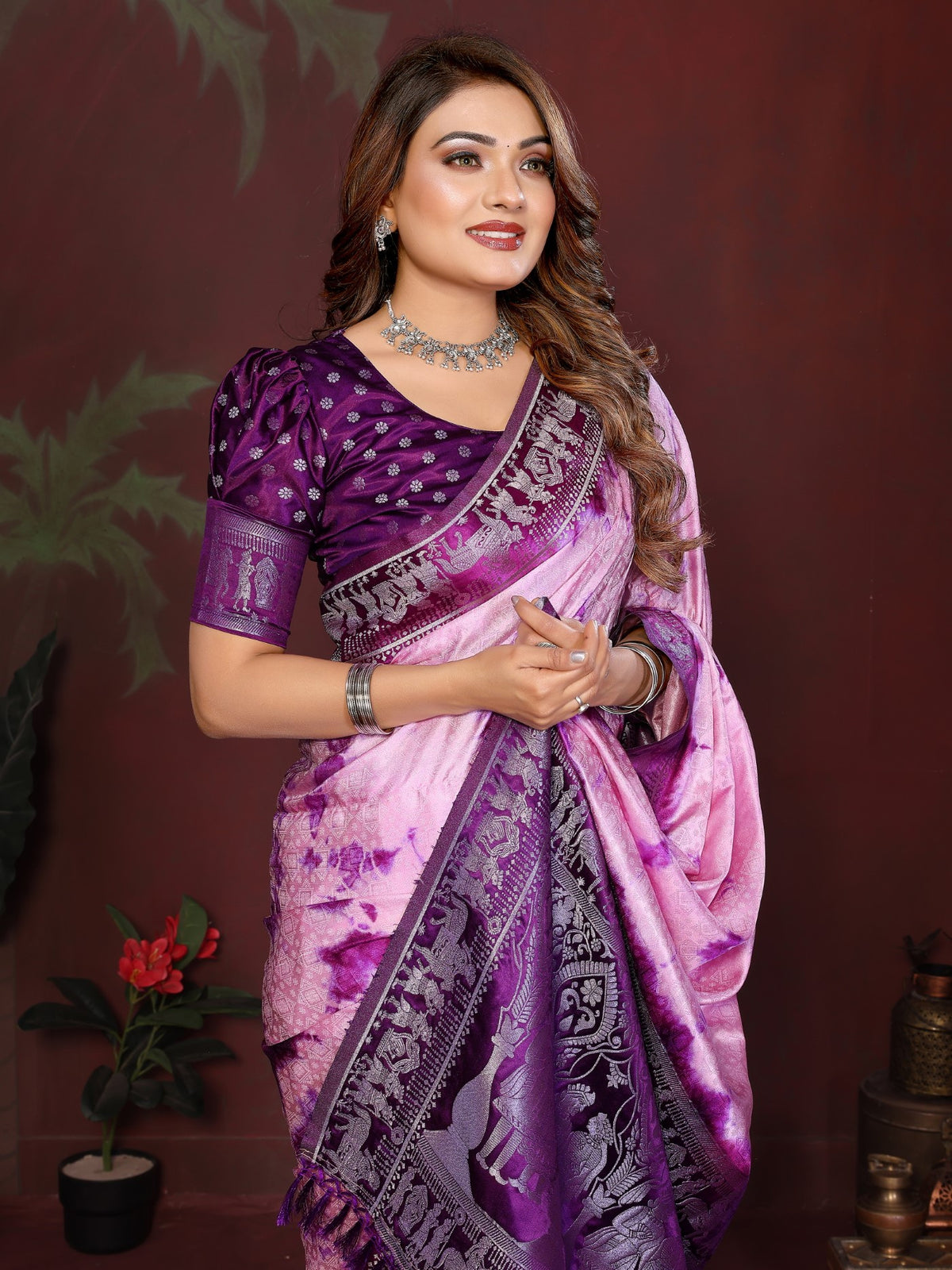 Pink Purple Soft Satin Silk Saree With Premium Sibory Zari Weaving