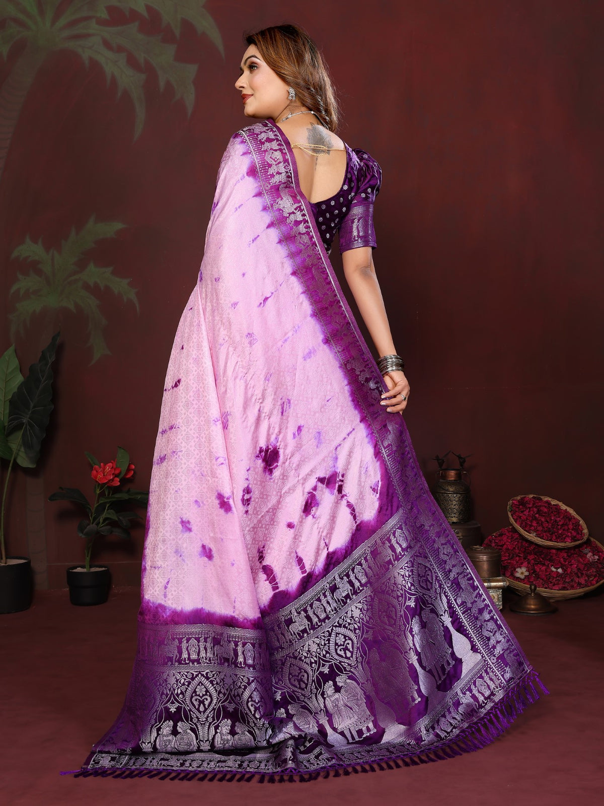 Pink Purple Soft Satin Silk Saree With Premium Sibory Zari Weaving