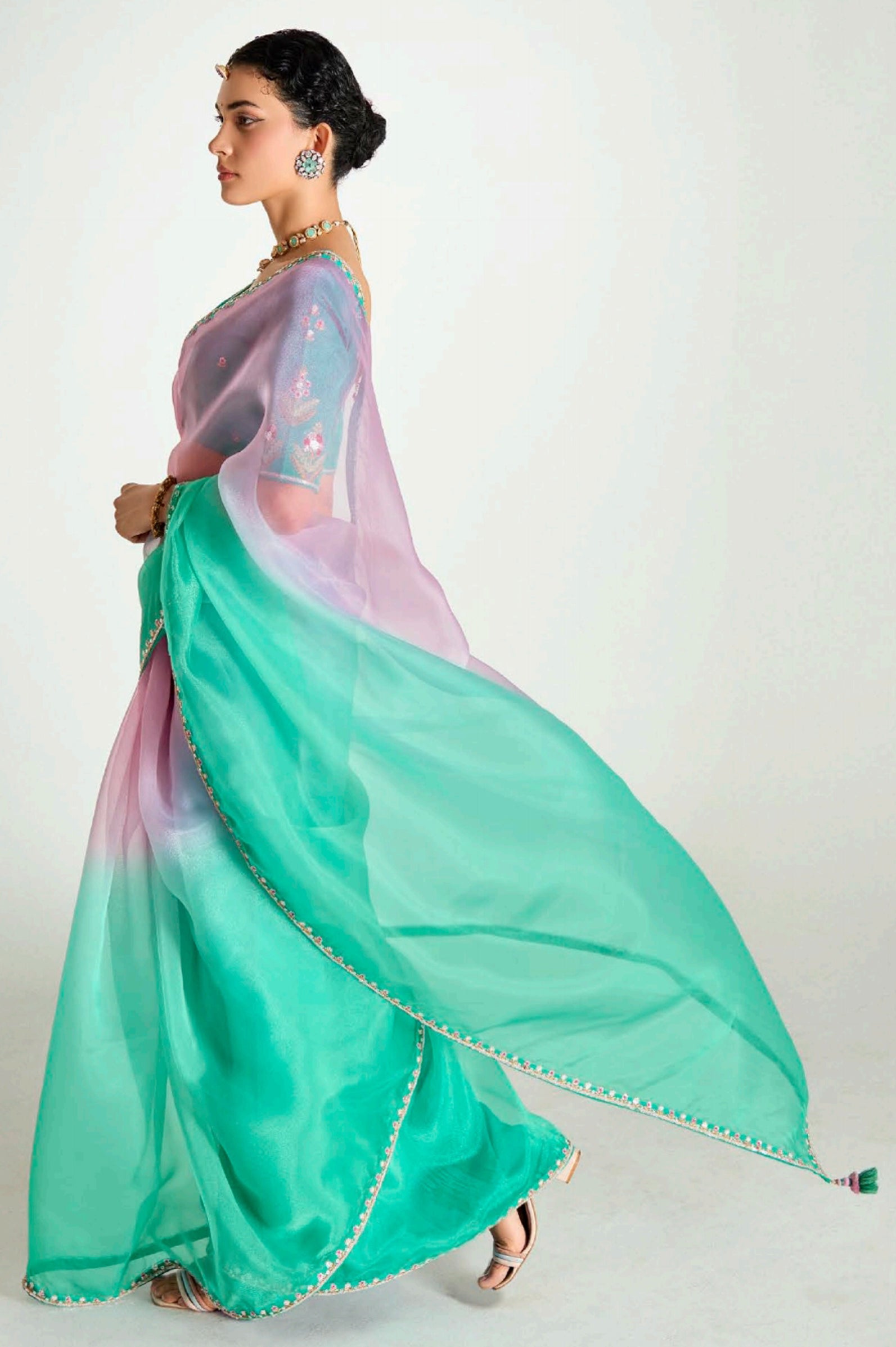 Pink Rama Organza Saree with Embroidered Blouse