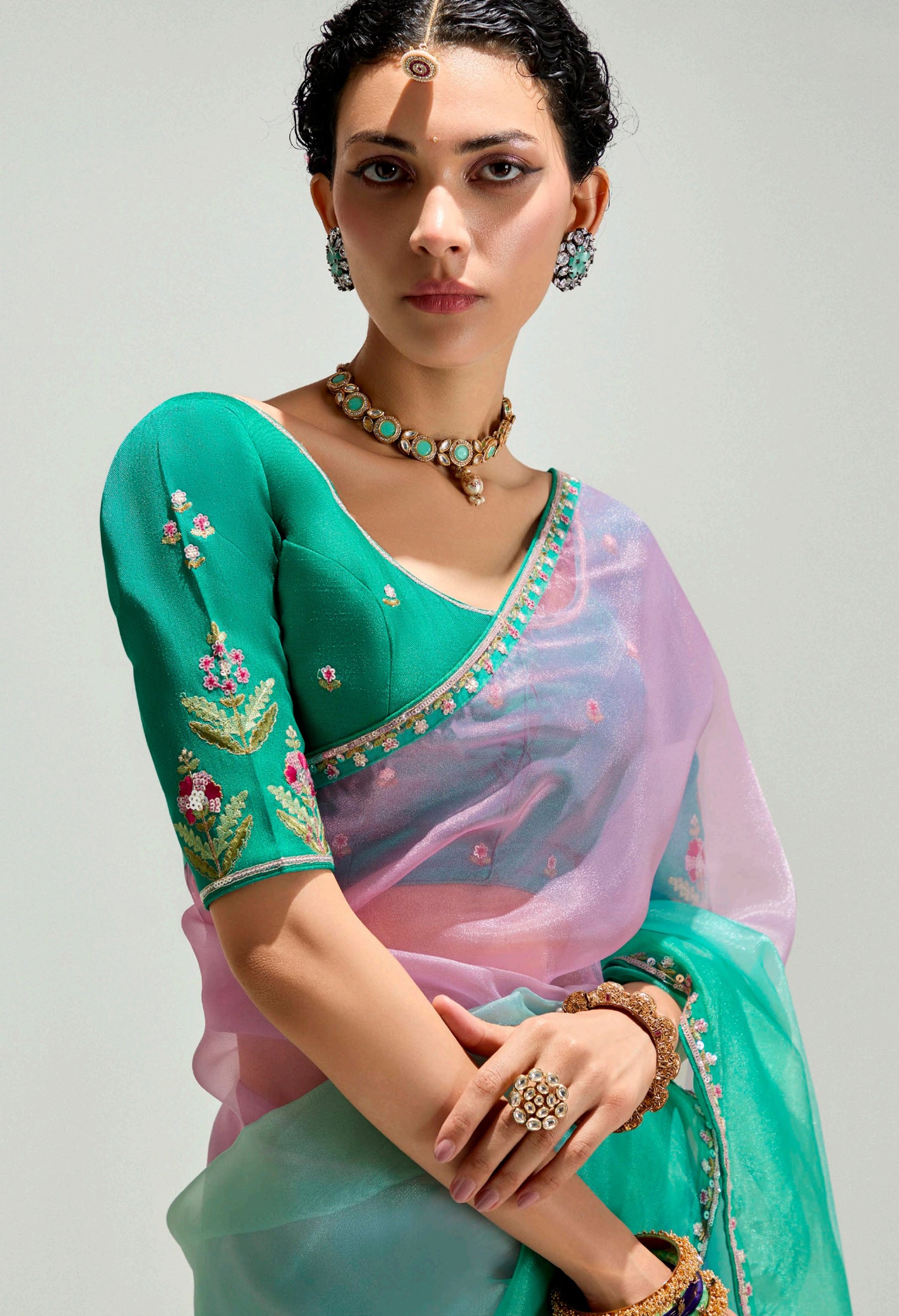 Pink Rama Organza Saree with Embroidered Blouse