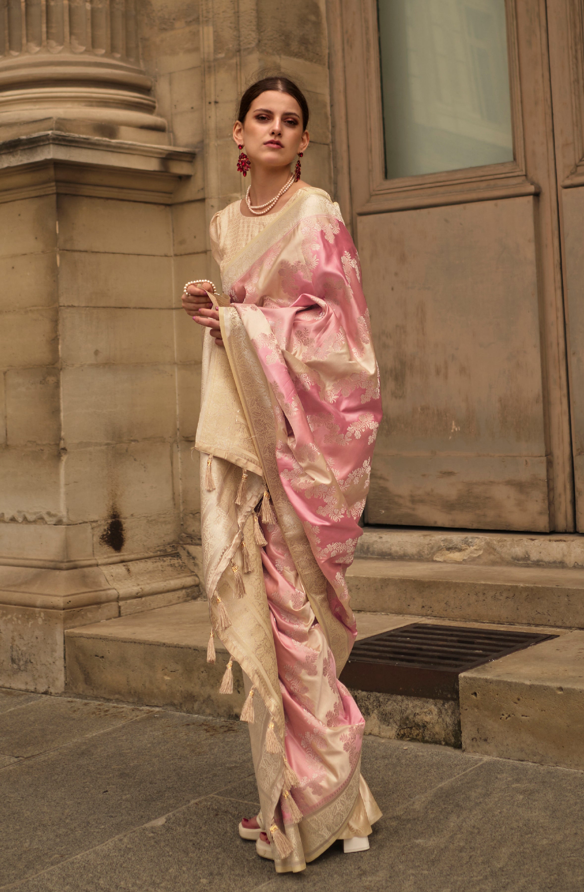 Pink Ranghat Satin Saree With Woven Work