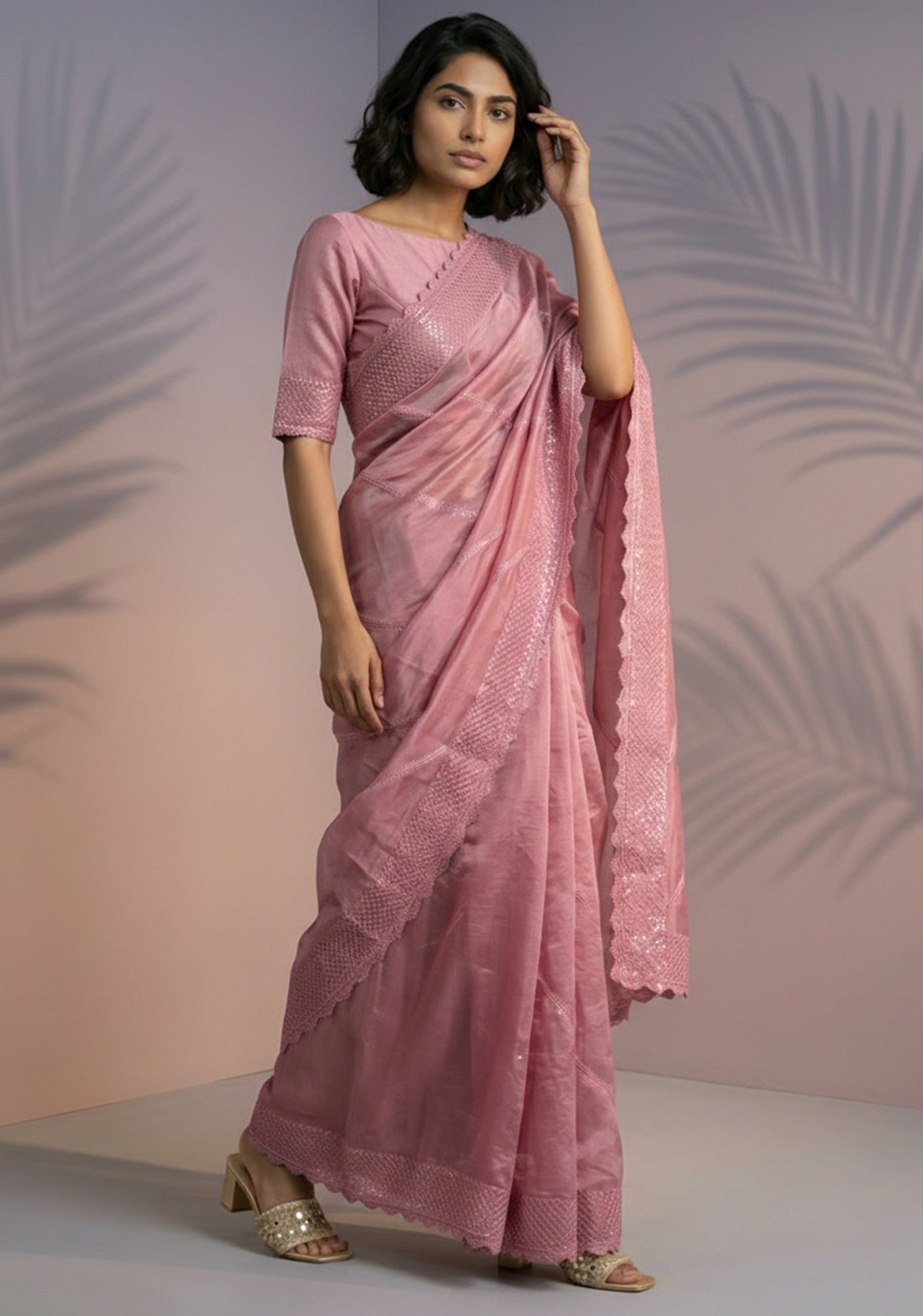 Pink Rasberry Silk Saree with Elegant Thread & Sequins Embroidery