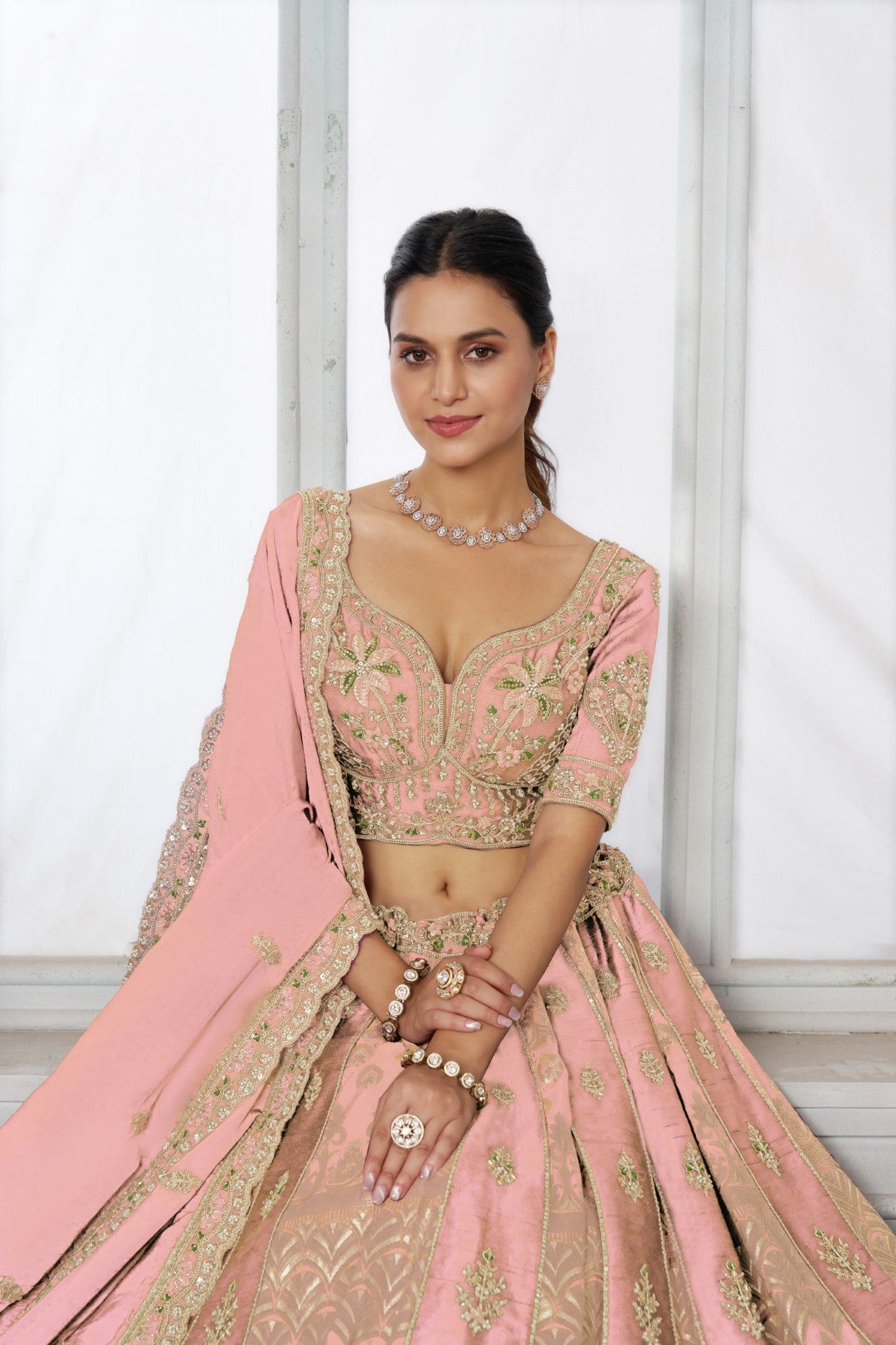 Pink Raw Silk Heavy Embroidered Bridal Lehenga Choli