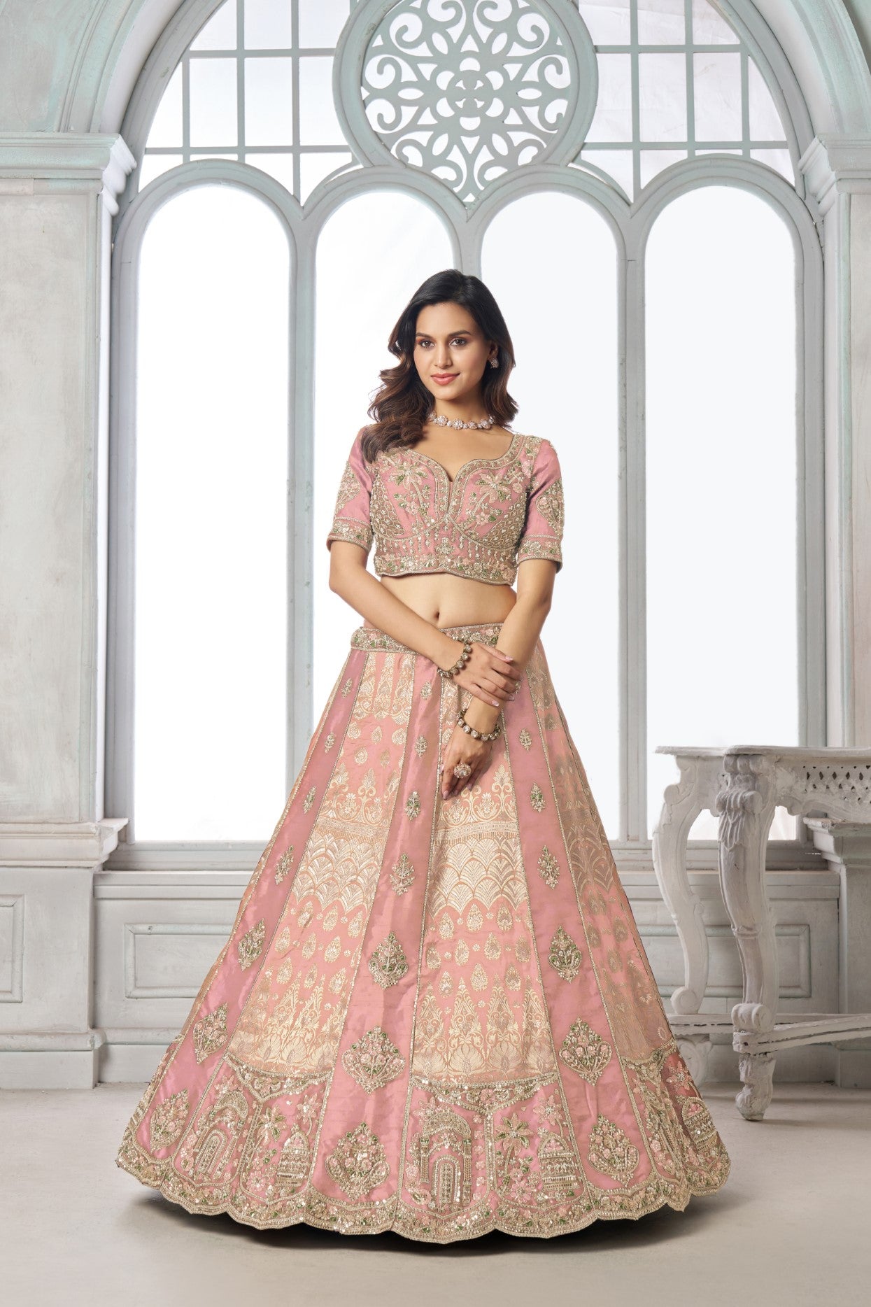 Pink Raw Silk Heavy Embroidered Bridal Lehenga Choli