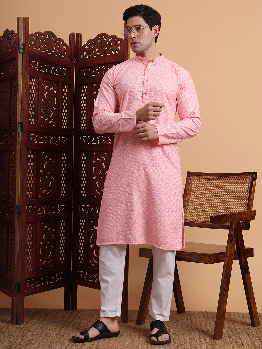 Pink Rayon Chikankari Embroidered Traditional Kurta Pajama