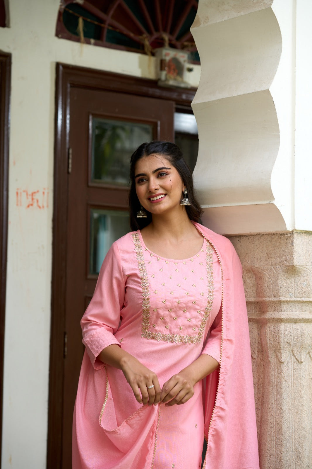 Pink Rayon Slub Elegant Kurta Pant Set With Embroidery Work