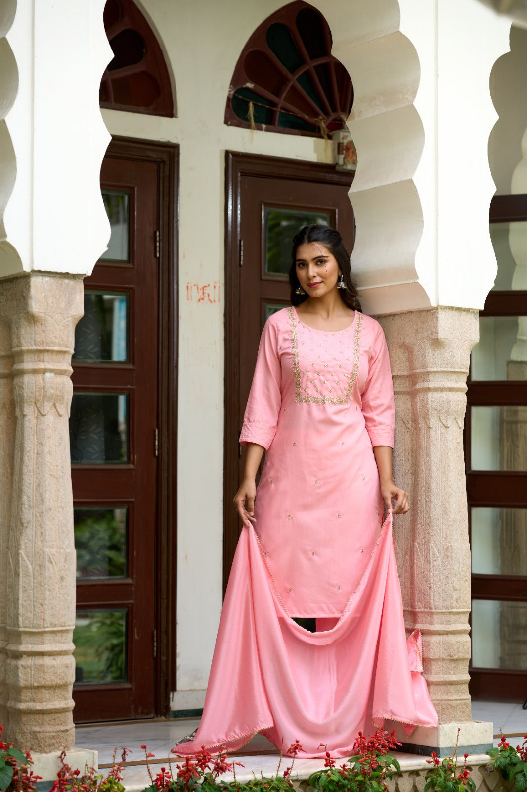 Pink Rayon Slub Elegant Kurta Pant Set With Embroidery Work