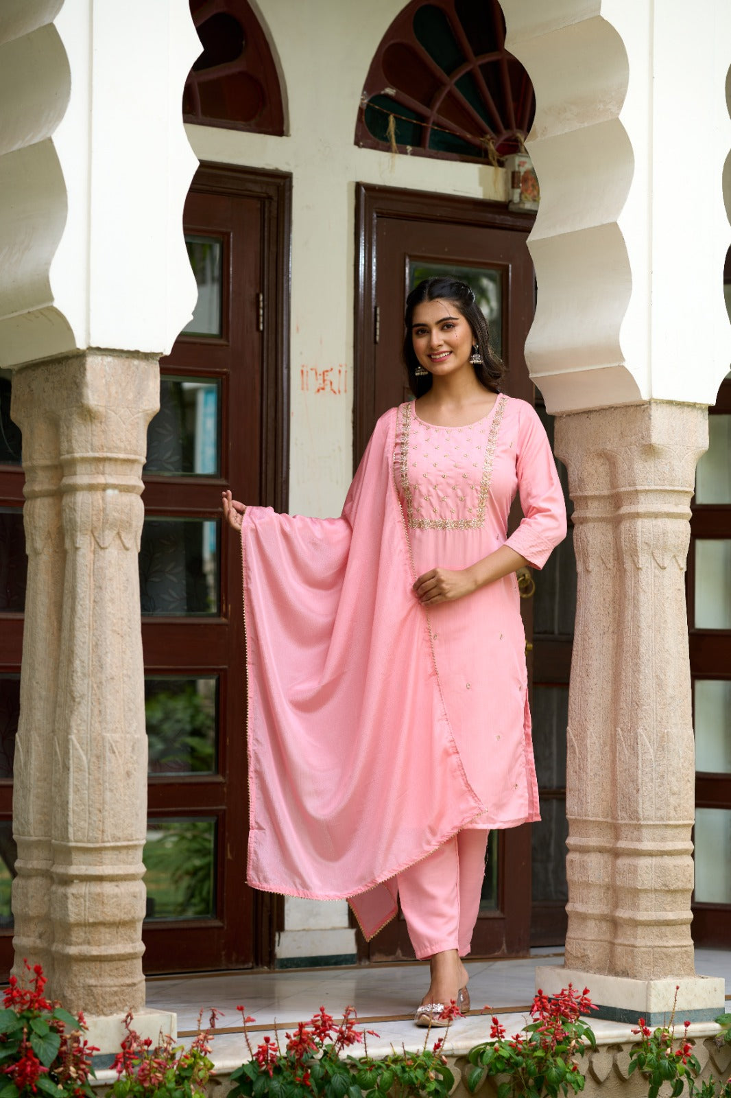 Pink Rayon Slub Elegant Kurta Pant Set With Embroidery Work