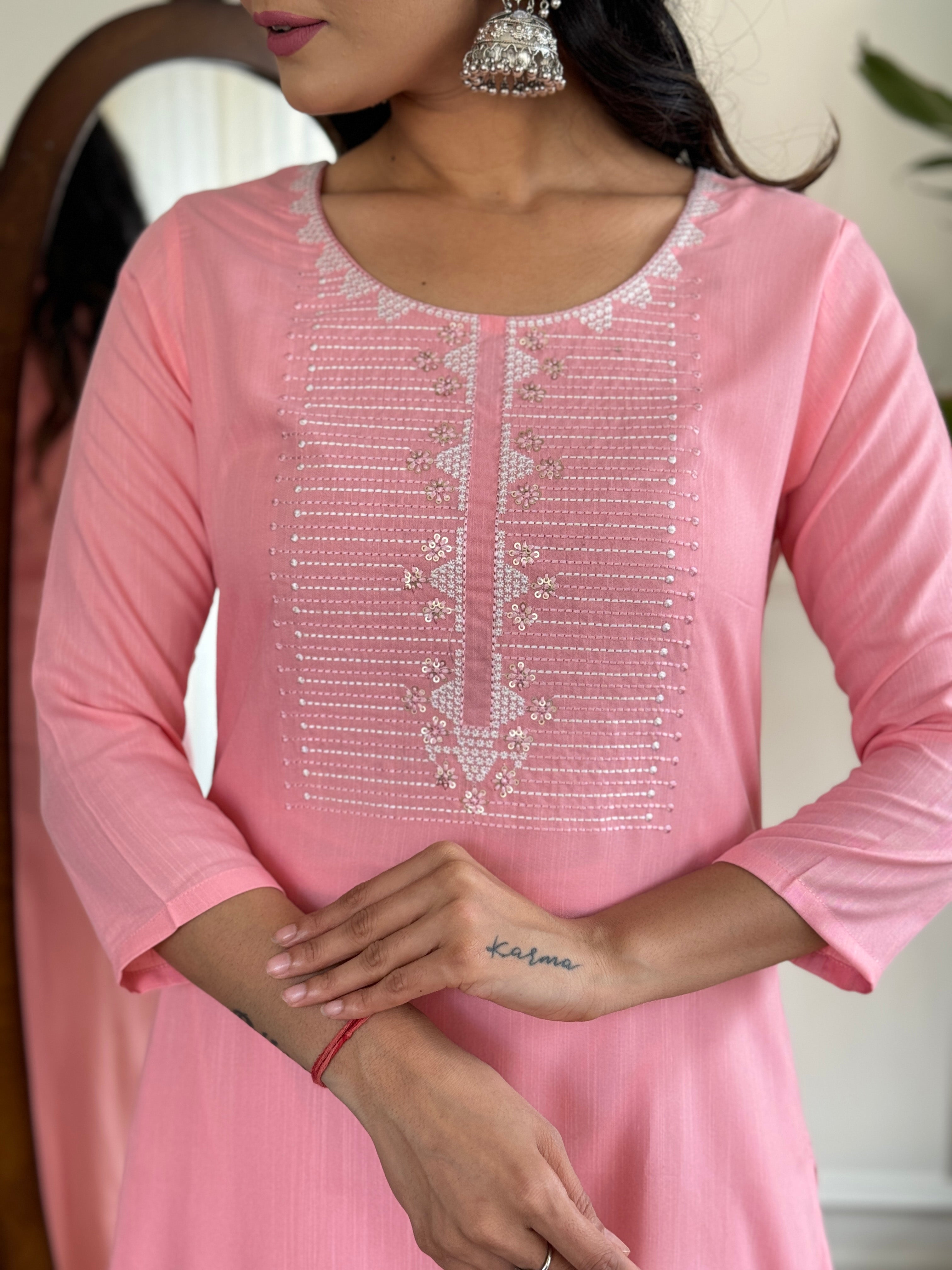 Pink Rayon Slub Elegant Kurta Pant Set With Thread Work