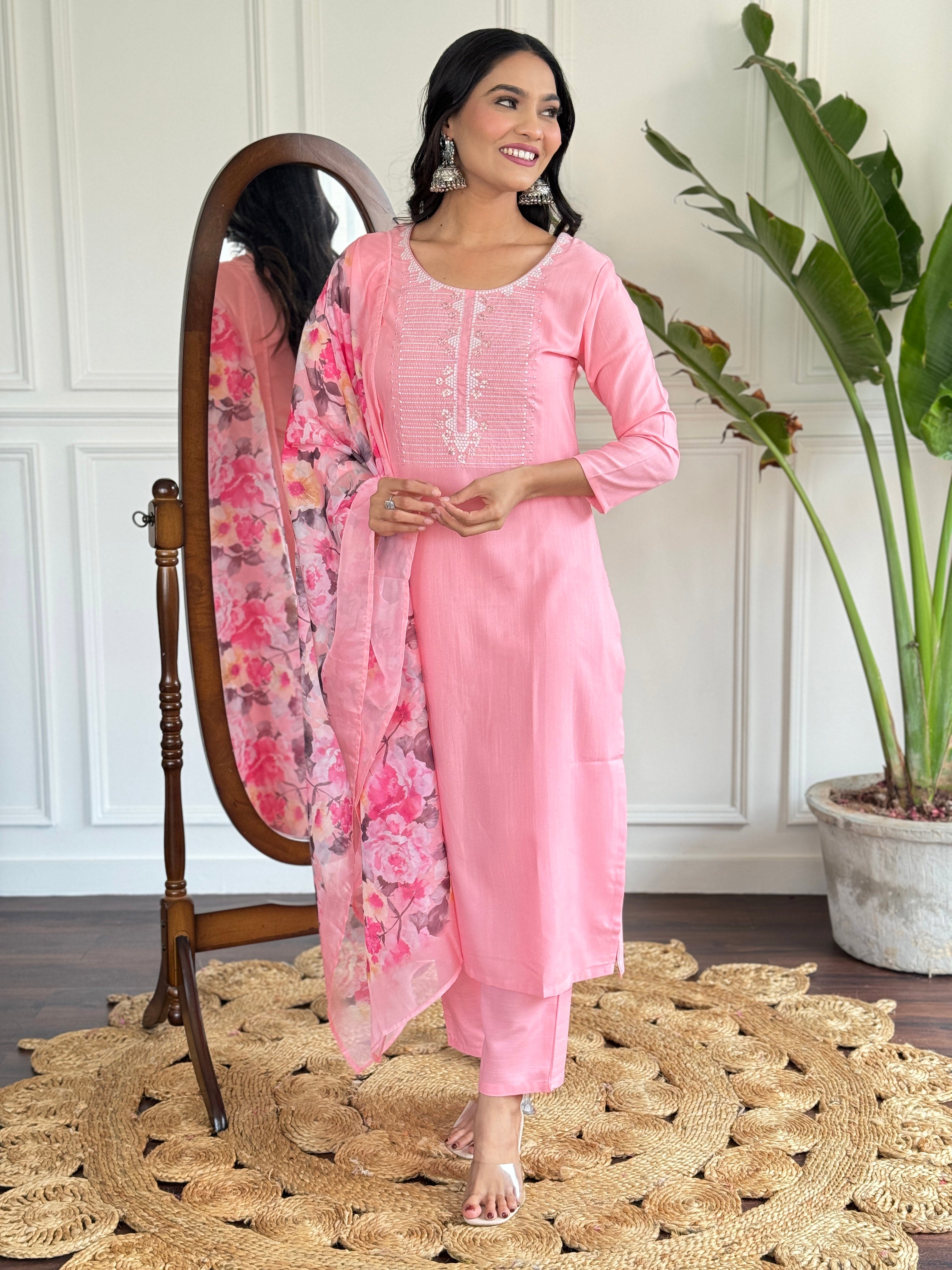 Pink Rayon Slub Elegant Kurta Pant Set With Thread Work