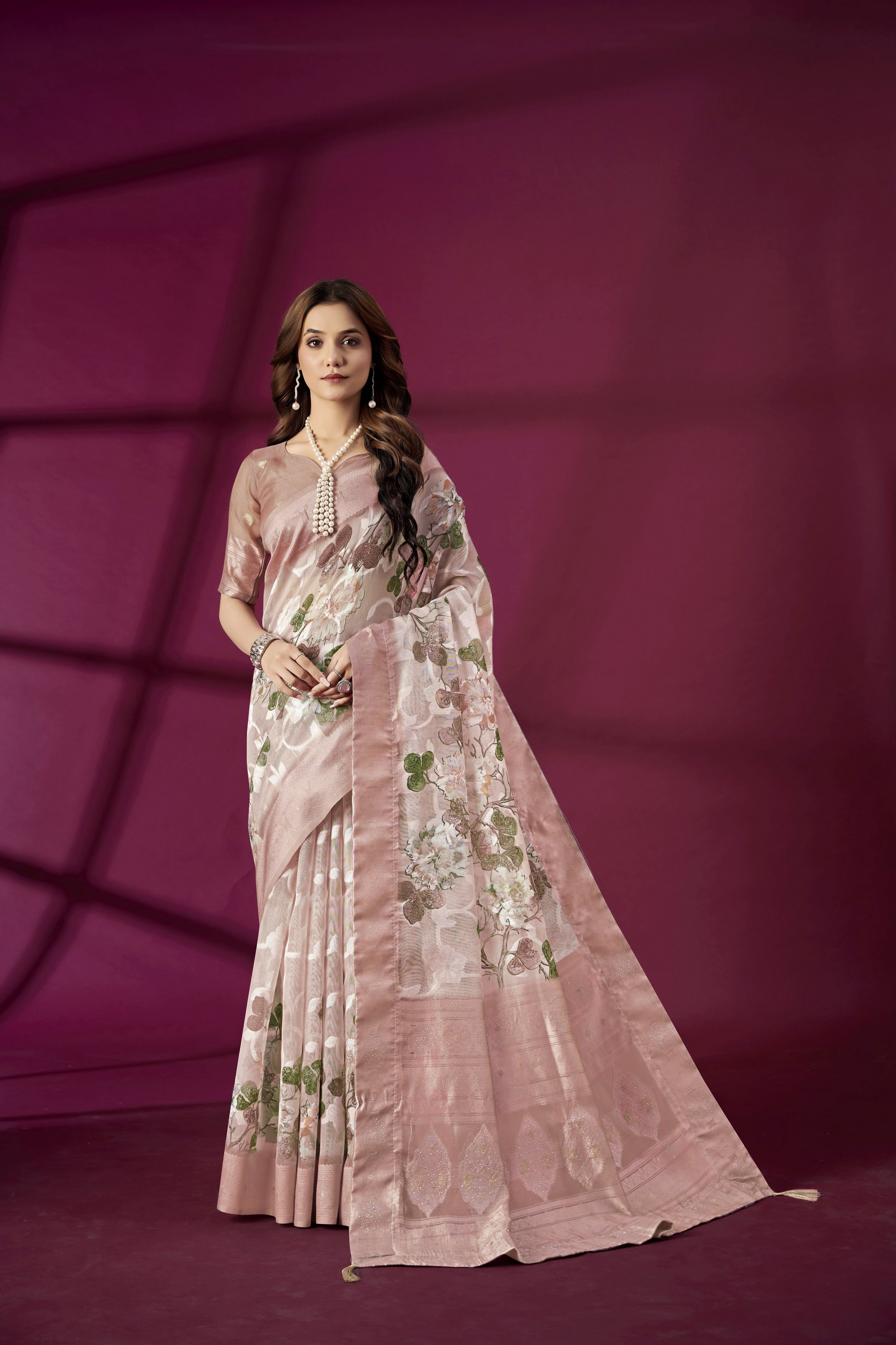 Pink Rich Silk Jacquard Designer Saree With Smart Ethnic Printed