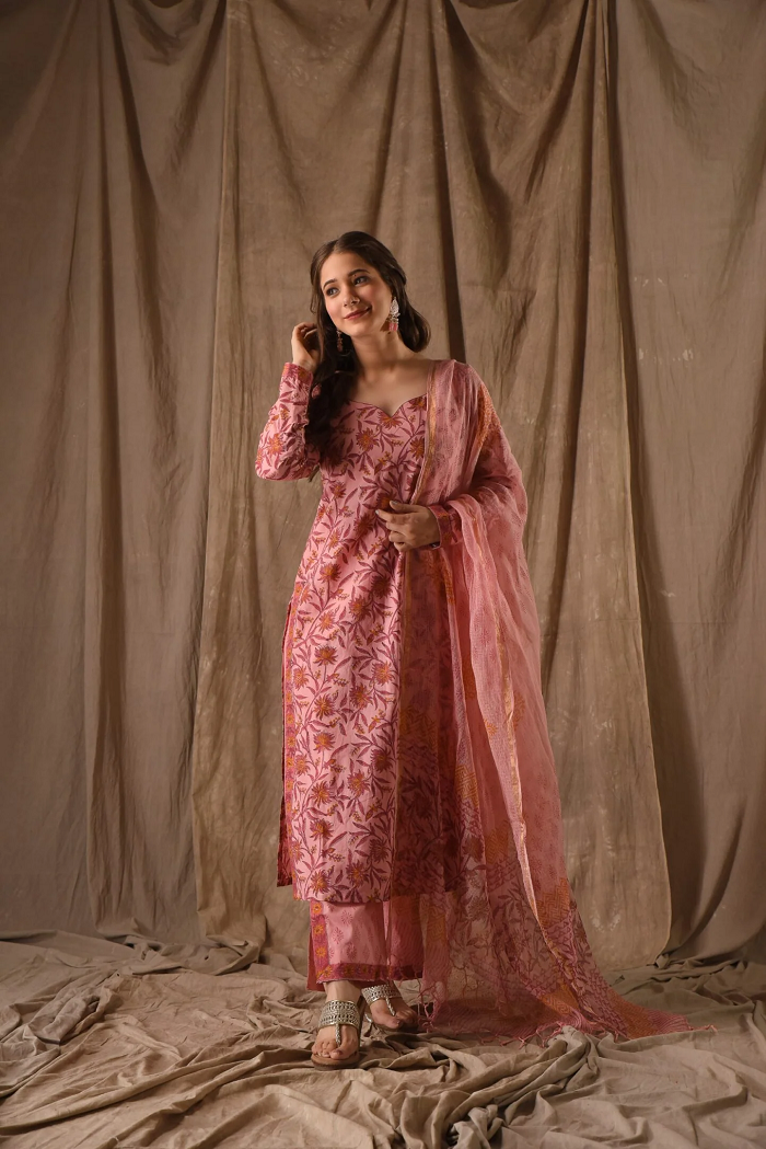 Pink Roman Linen Slub Kurta Pant Set Printed