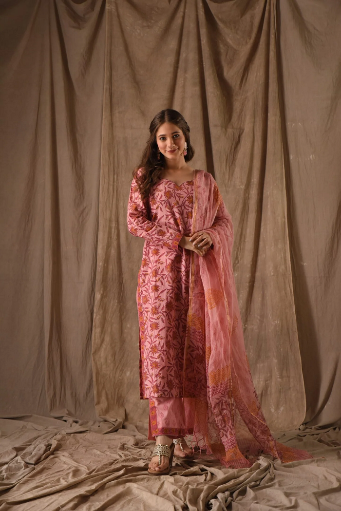 Pink Roman Linen Slub Kurta Pant Set Printed