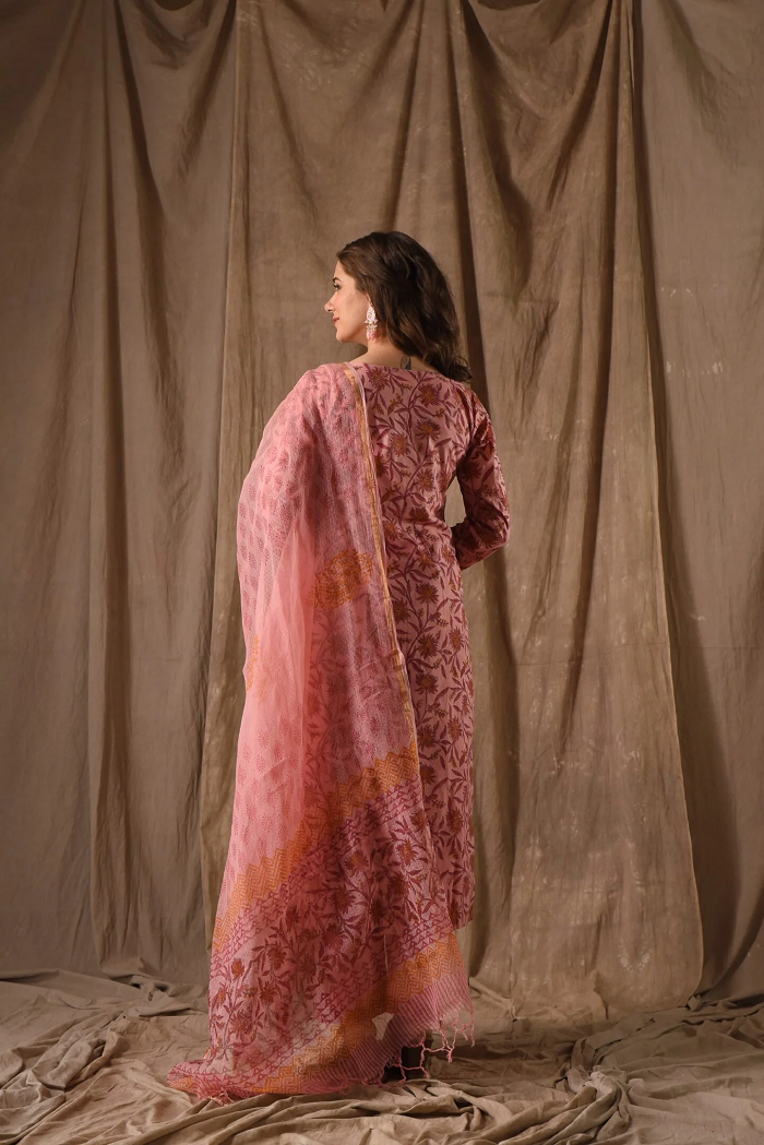 Pink Roman Linen Slub Kurta Pant Set Printed