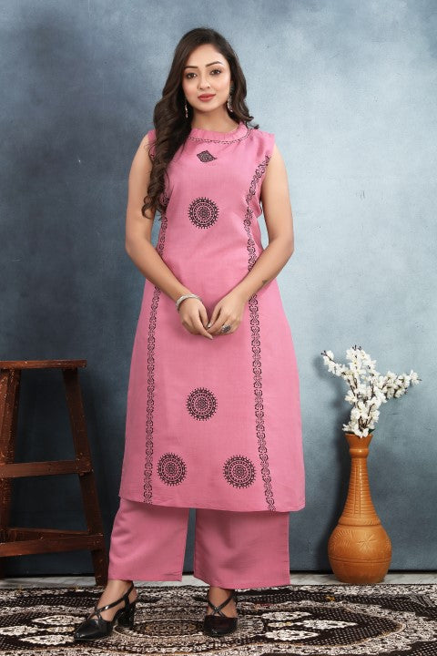 Pink Roman Silk Kurta Pant With Printed