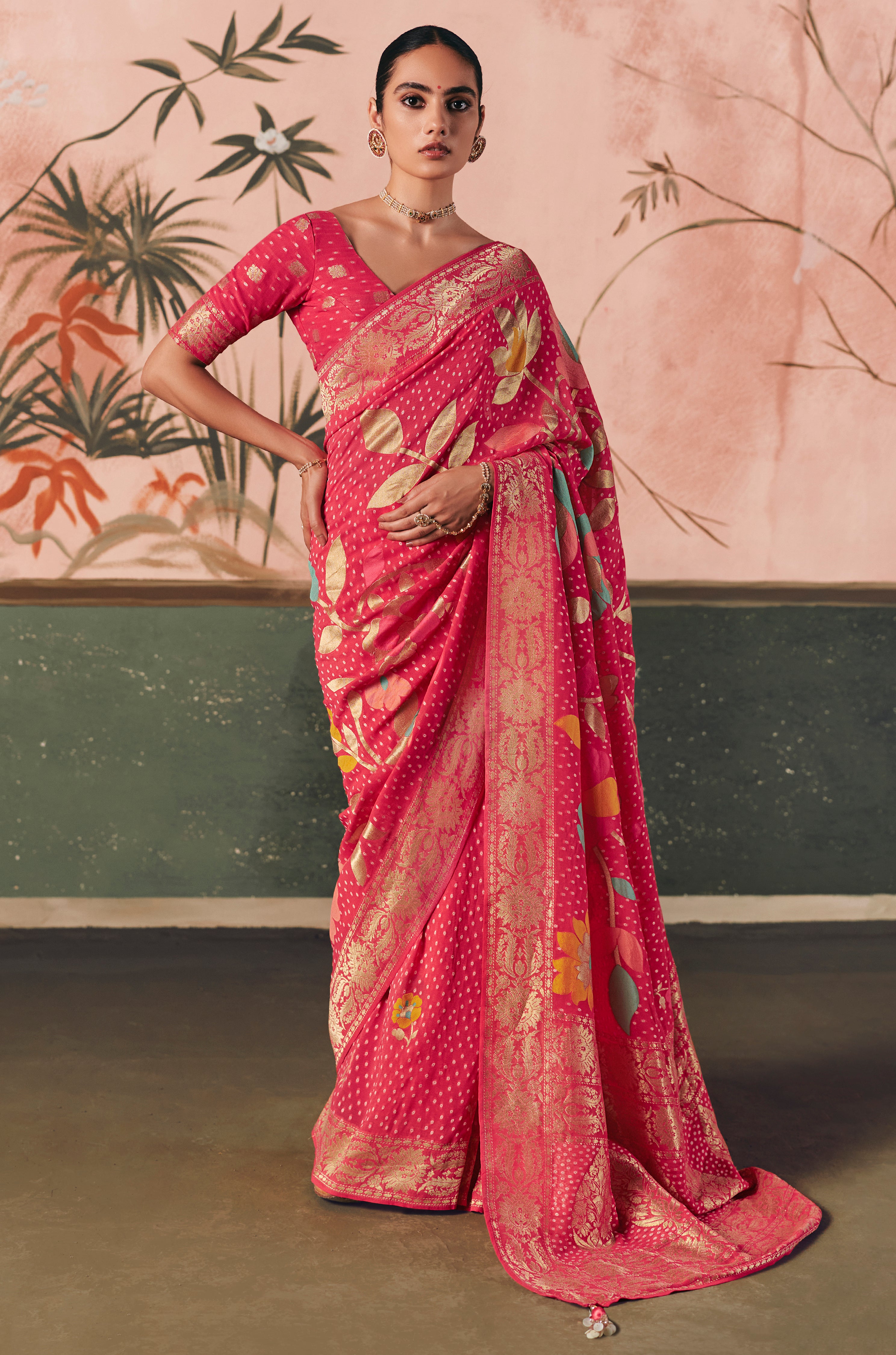 Pink Saree With Designer Bandhej Weaving Work With Beutifull Tassles Attached