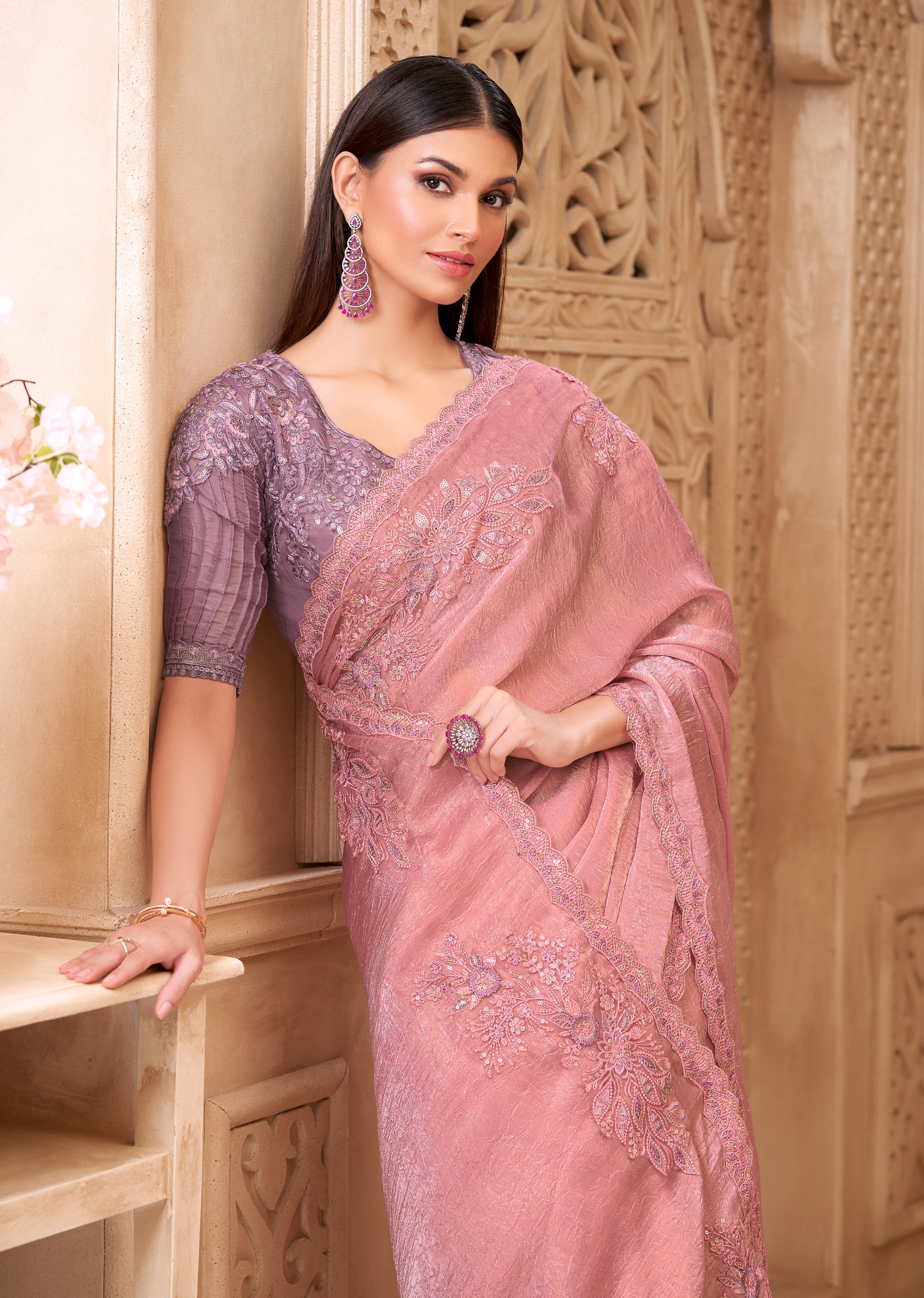 Pink Saree With Heavy Thread Embroidery Sequins Border Work With Embroidery Blouse Jacket