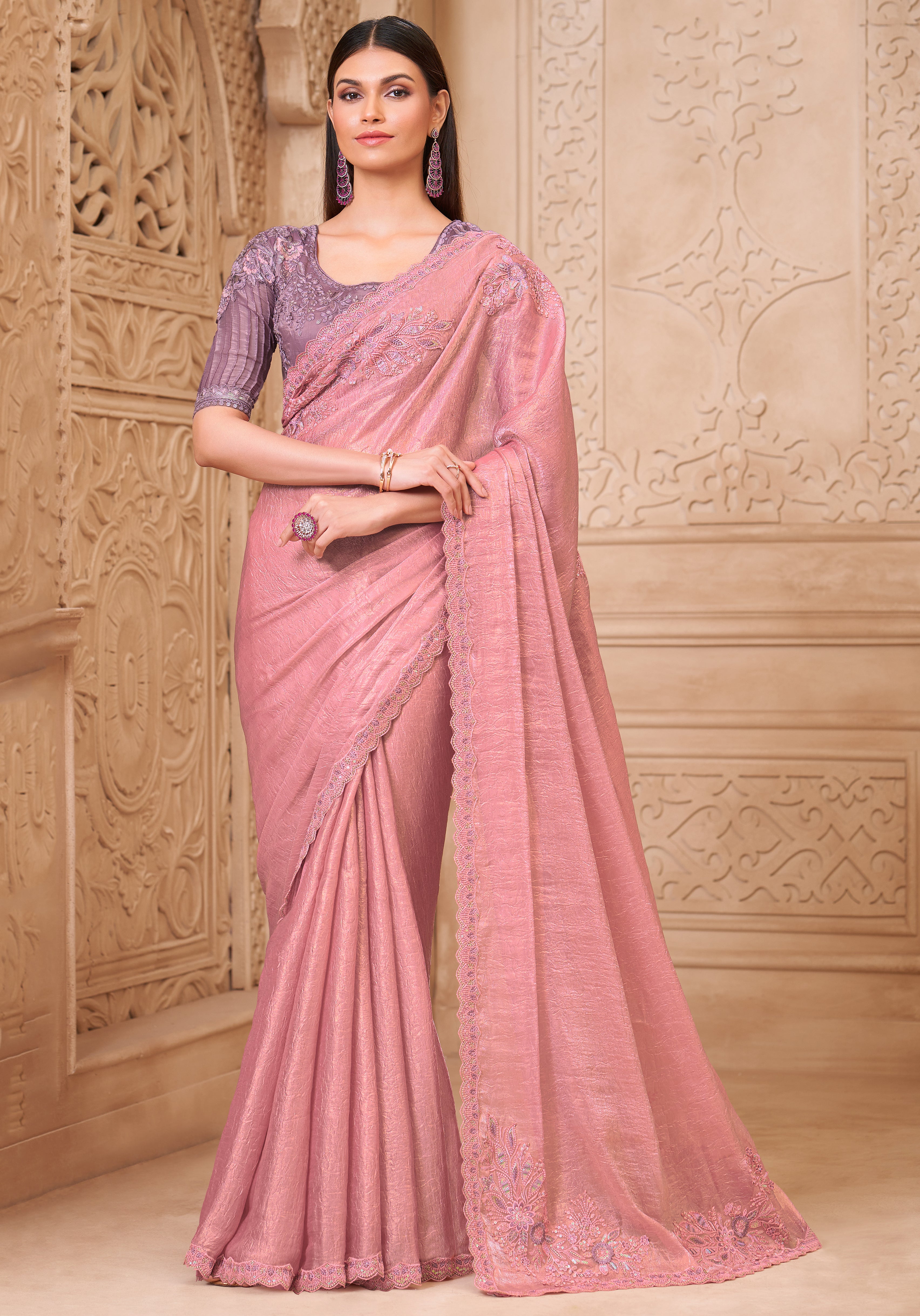 Pink Saree With Heavy Thread Embroidery Sequins Border Work With Embroidery Blouse Jacket