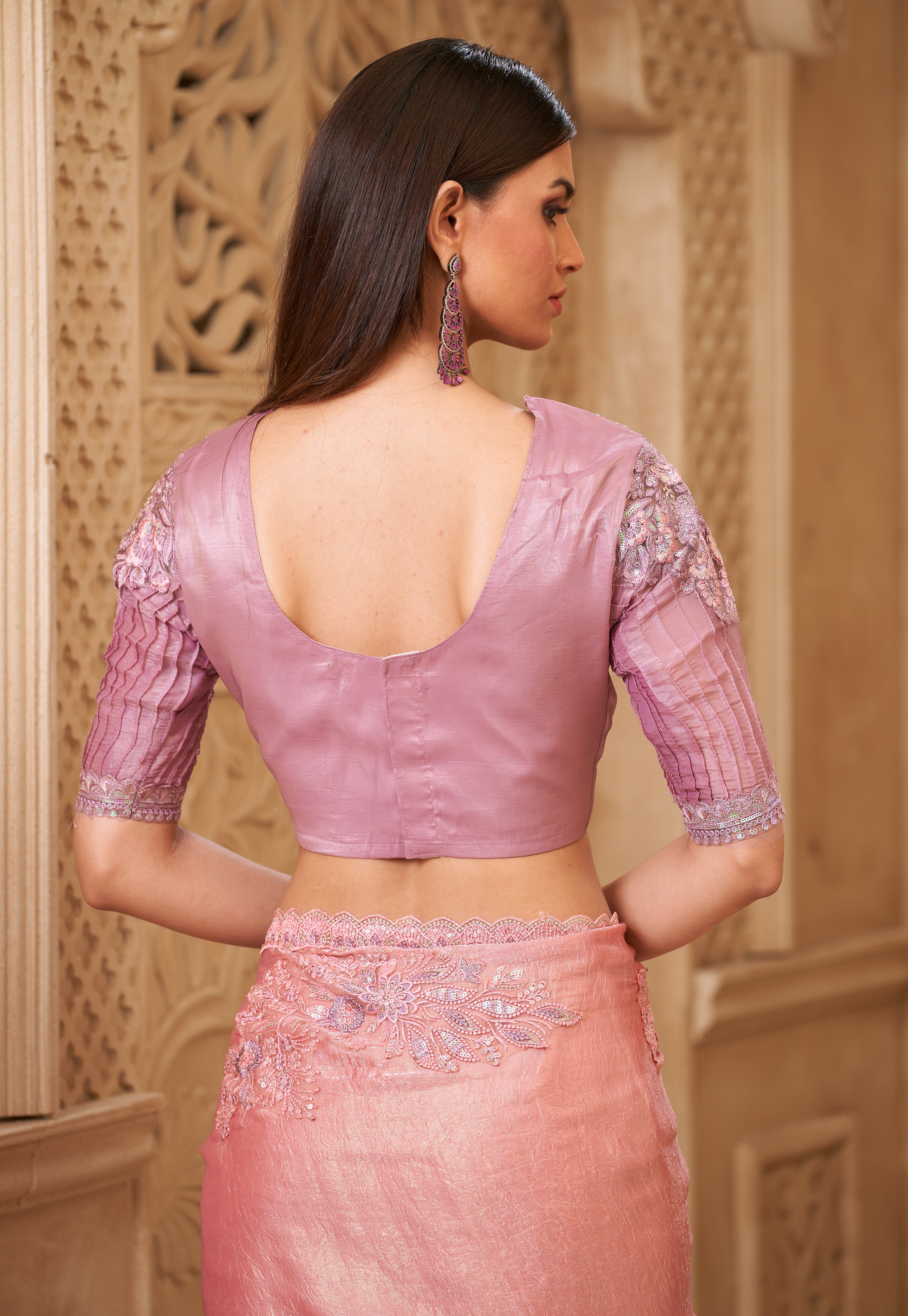 Pink Saree With Heavy Thread Embroidery Sequins Border Work With Embroidery Blouse Jacket