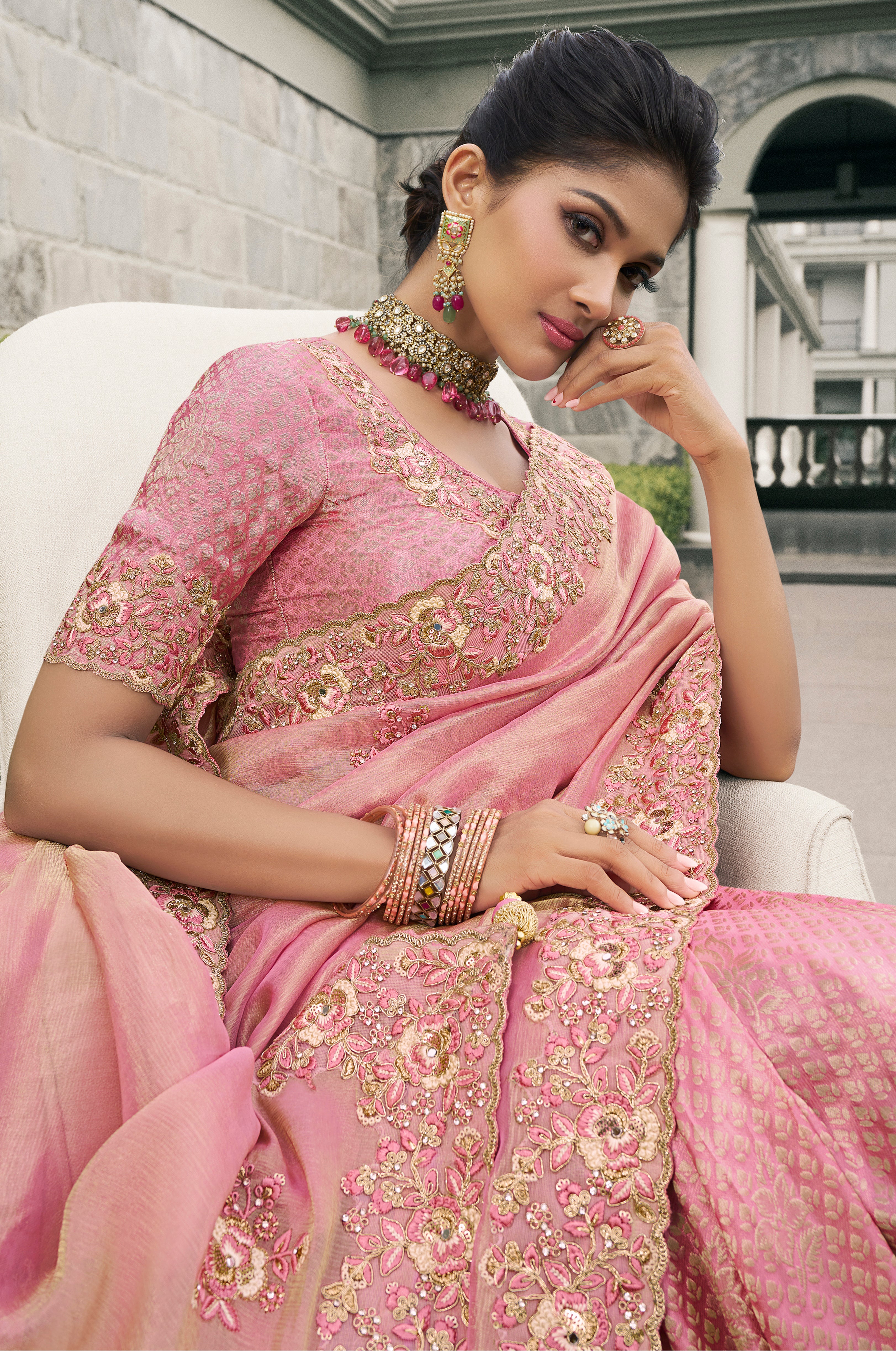 Pink Saree With Heavy Thread Embroidery, Stone, Pearl, Real Mirror Work