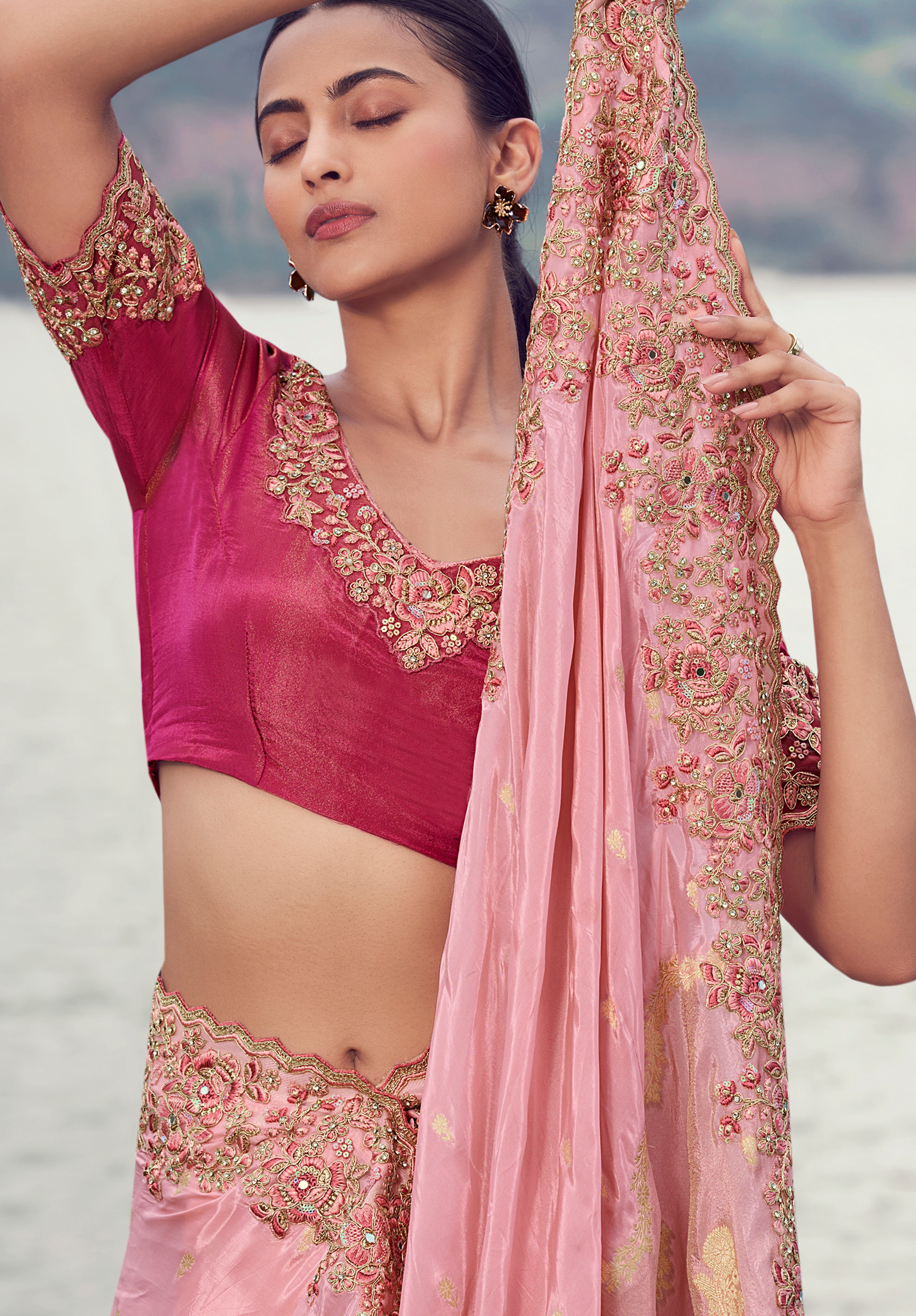 Pink Saree With Jacquard Woven With Embroidered Border & Blouse