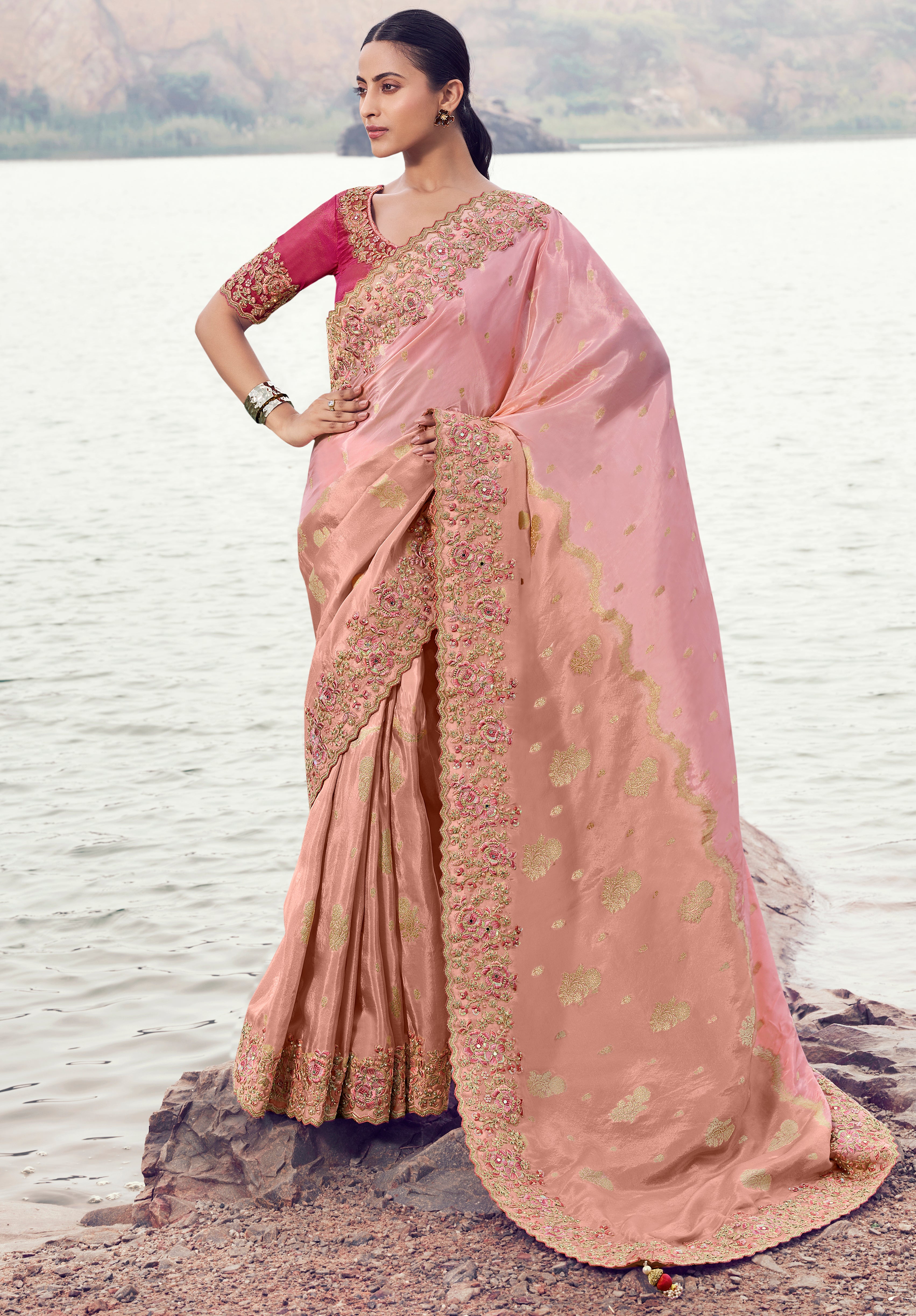 Pink Saree With Jacquard Woven With Embroidered Border & Blouse