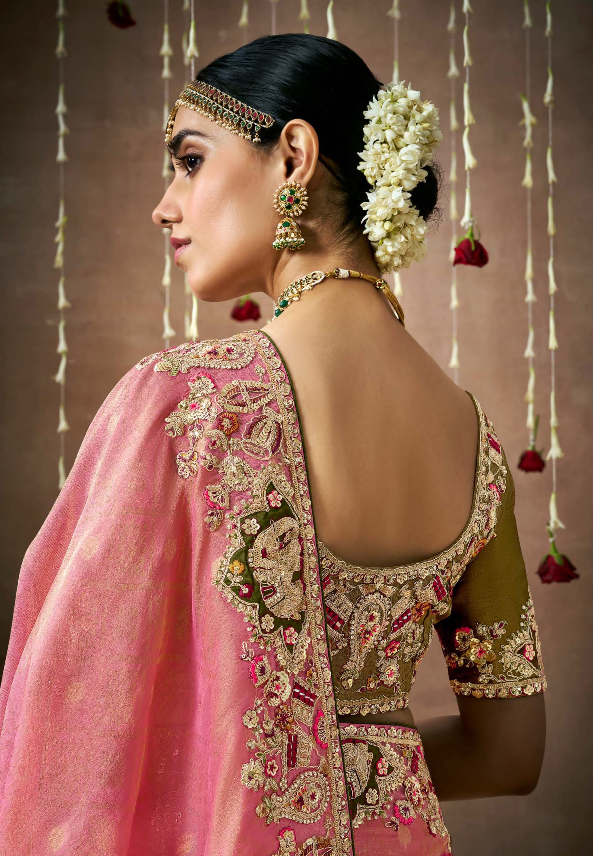 Pink Saree With Jacquard Woven With Heavy Thread Embroidery Sequins Work