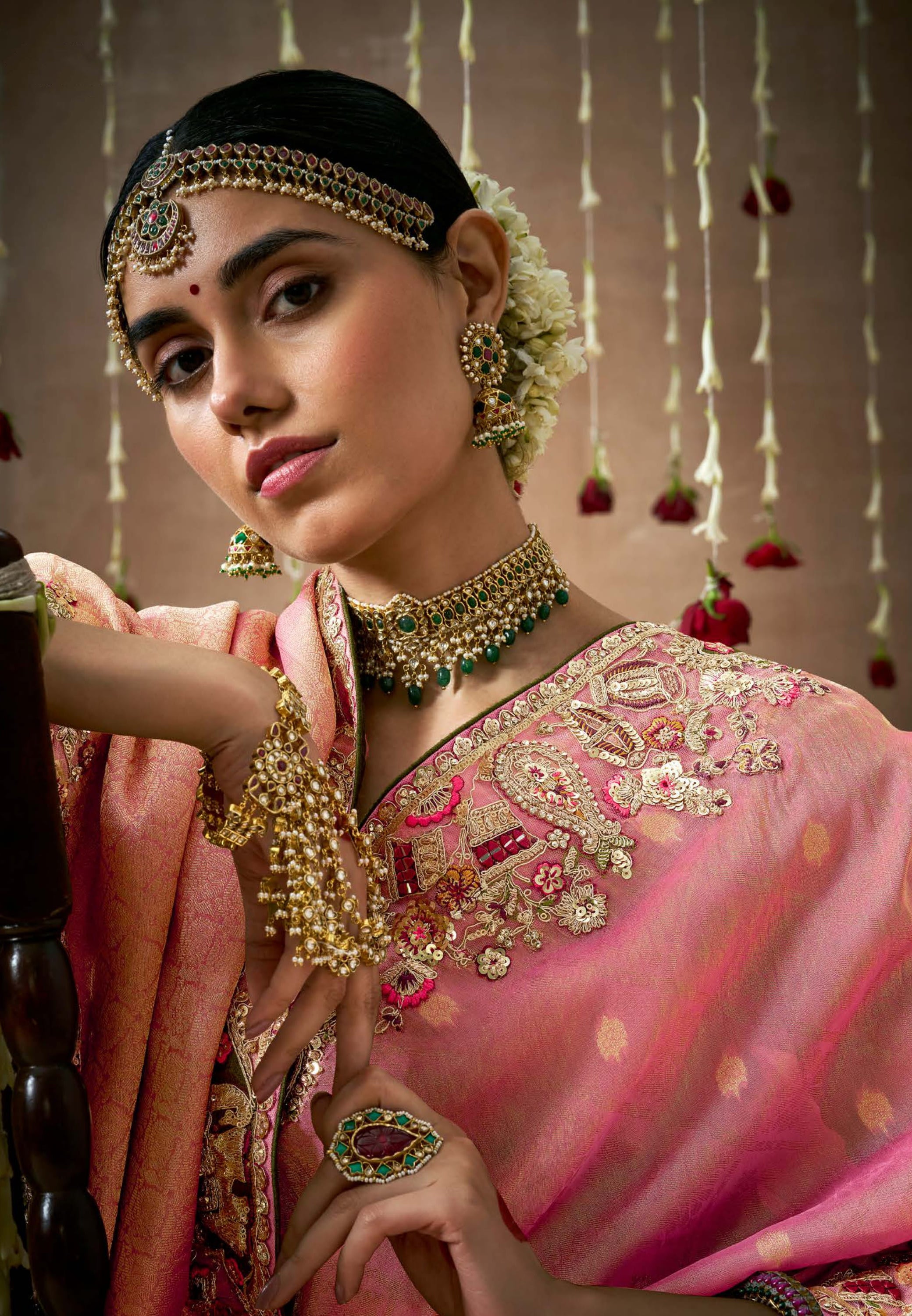 Pink Saree With Jacquard Woven With Heavy Thread Embroidery Sequins Work