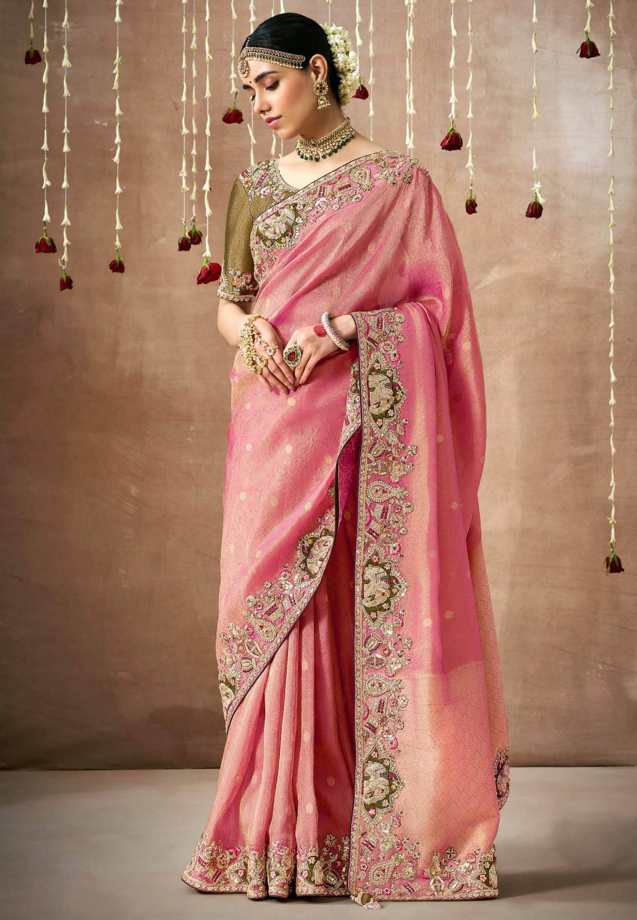 Pink Saree With Jacquard Woven With Heavy Thread Embroidery Sequins Work