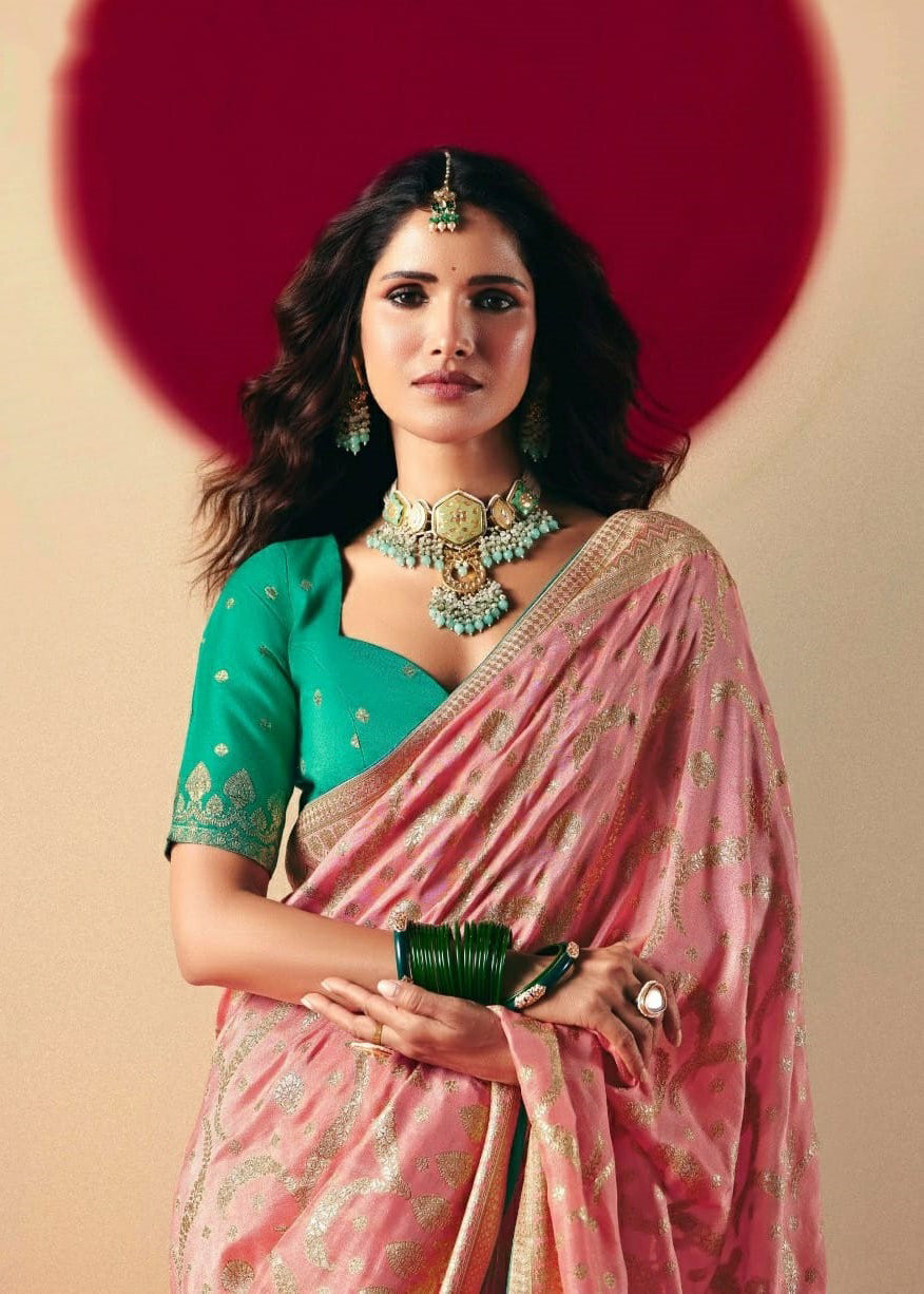 Pink Saree With Jacquard Woven Work