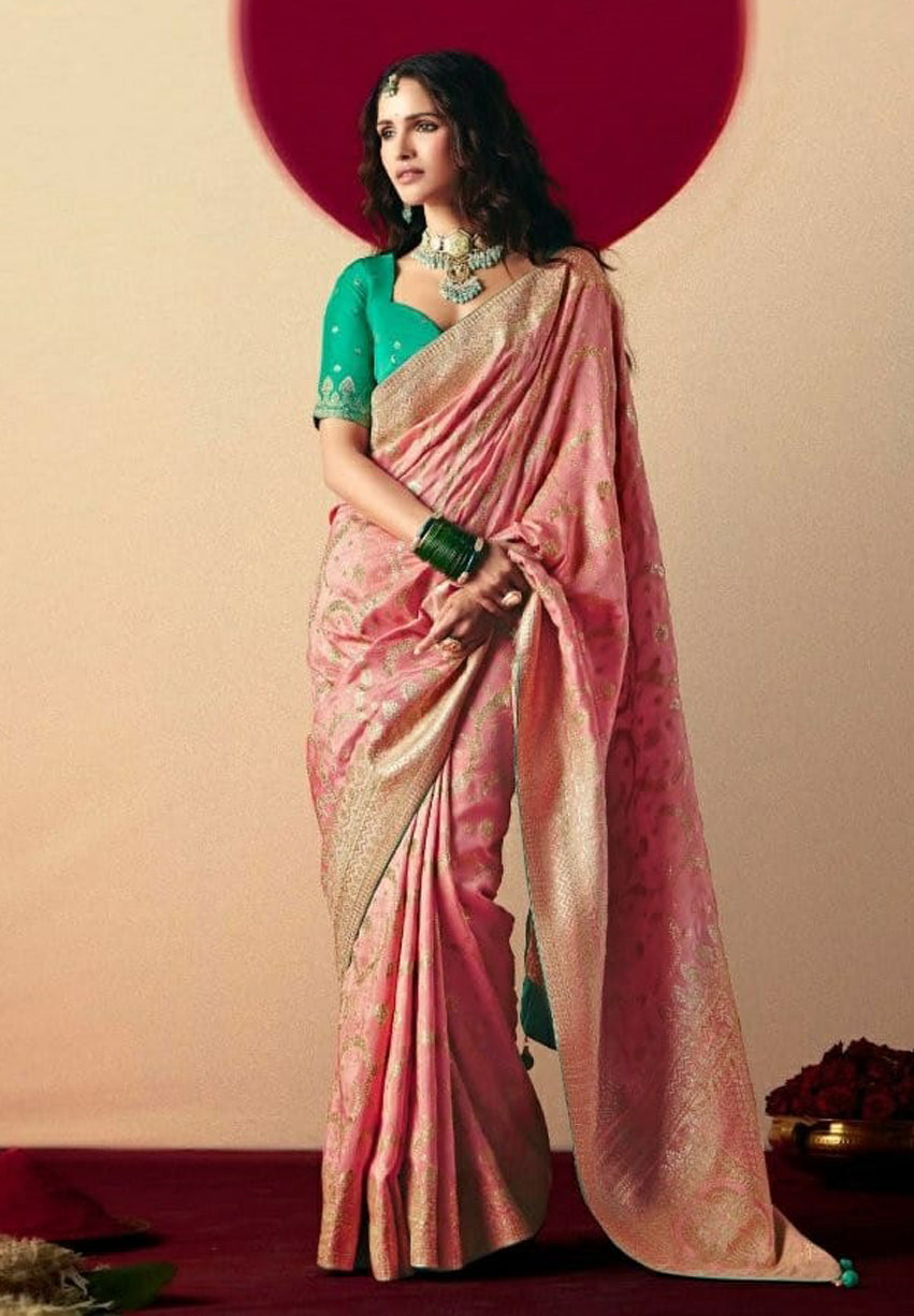 Pink Saree With Jacquard Woven Work