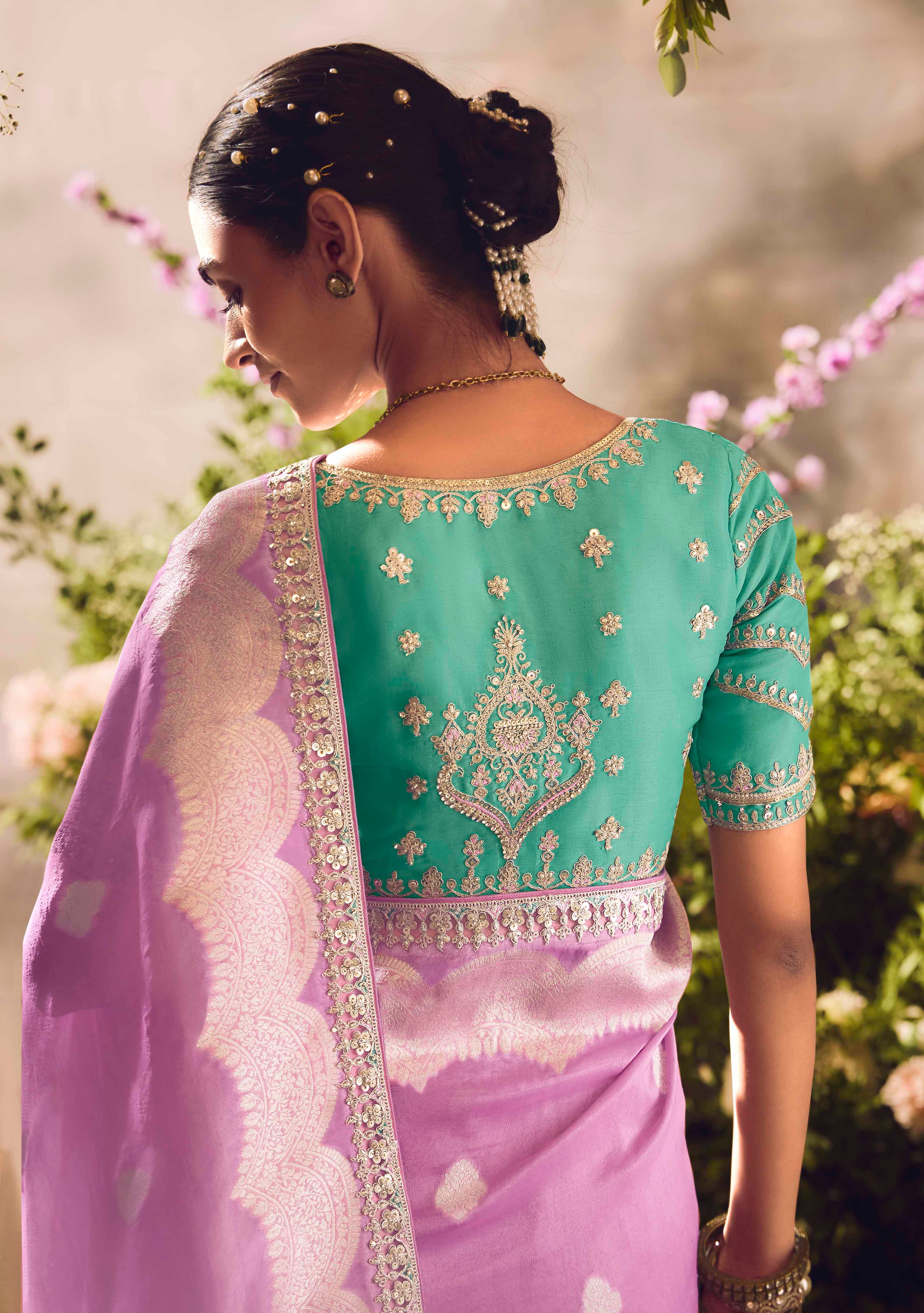Pink Saree With Jacquard Woven Work with Embroidered Lace Border