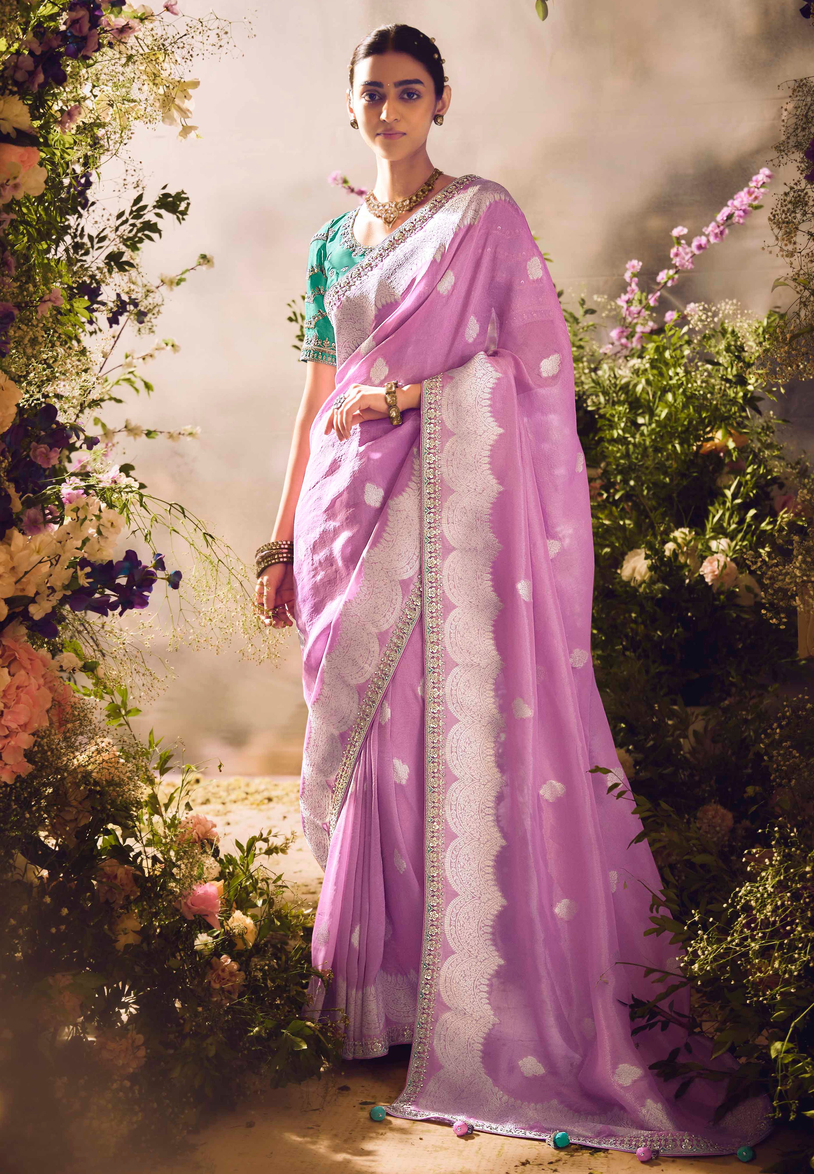 Pink Saree With Jacquard Woven Work with Embroidered Lace Border