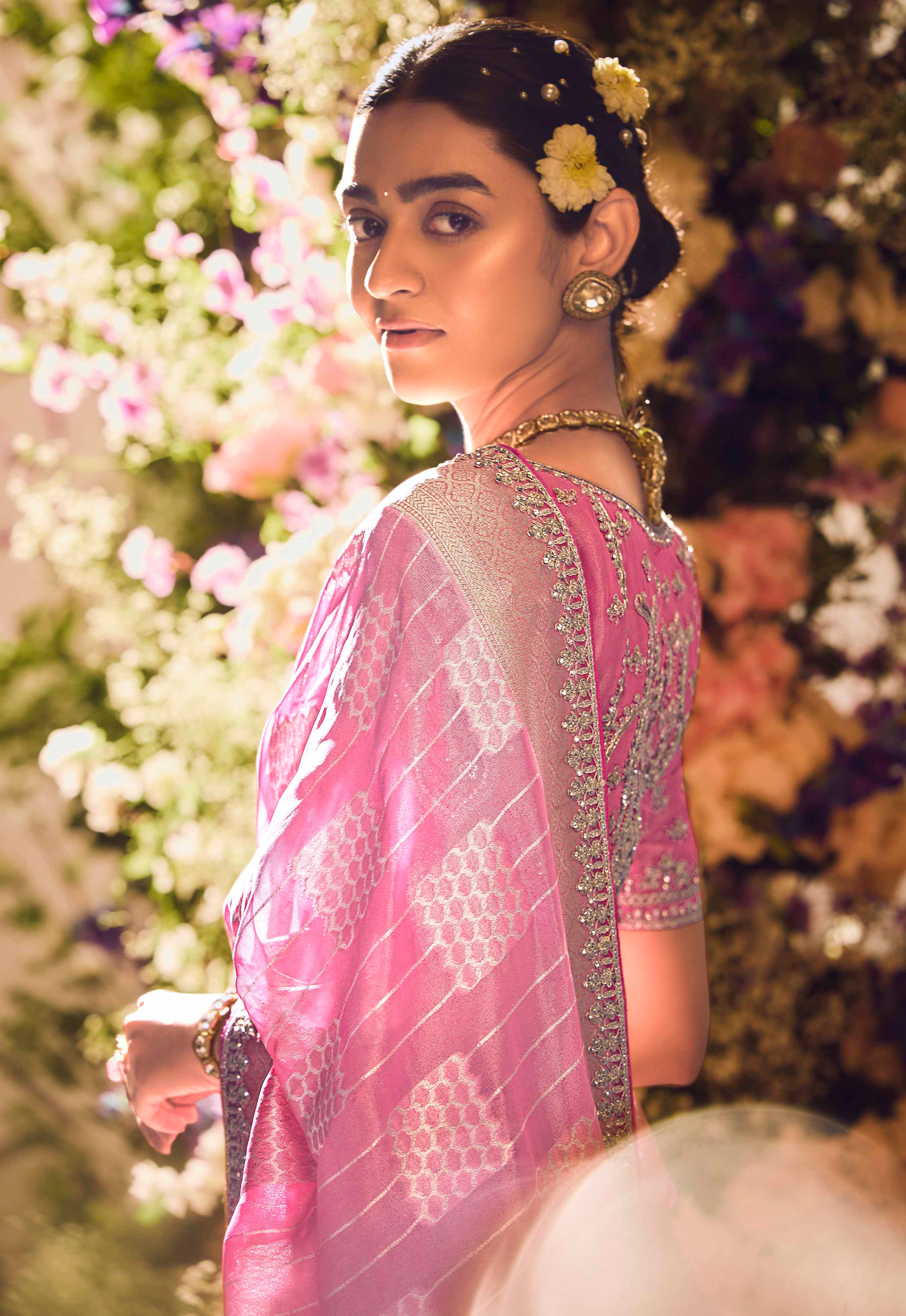 Pink Saree With Jacquard Woven Work with Embroidered Lace Border
