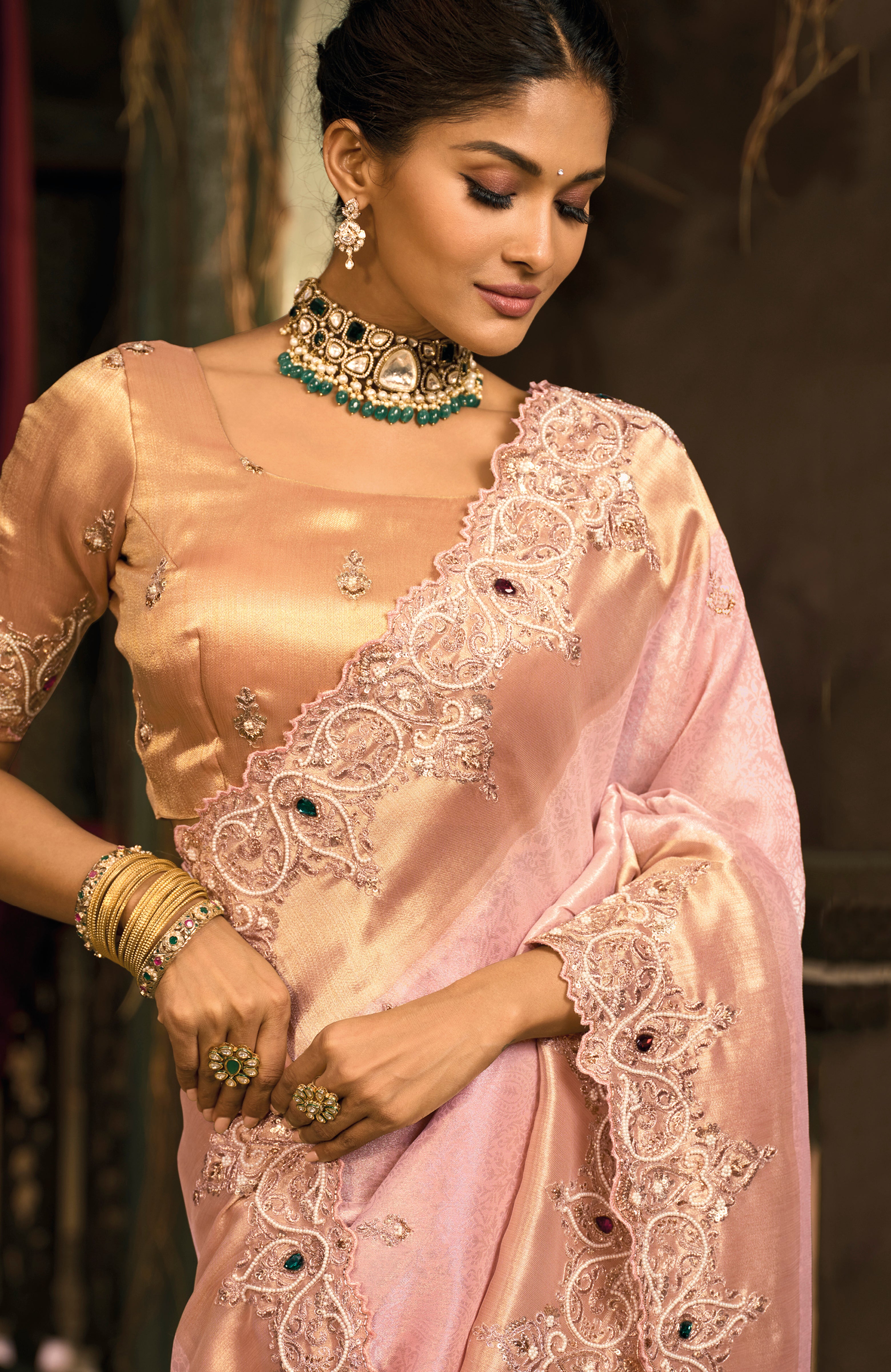 Pink Saree With Jari, Moti, Cut-Dana With Emerald Heavy Work