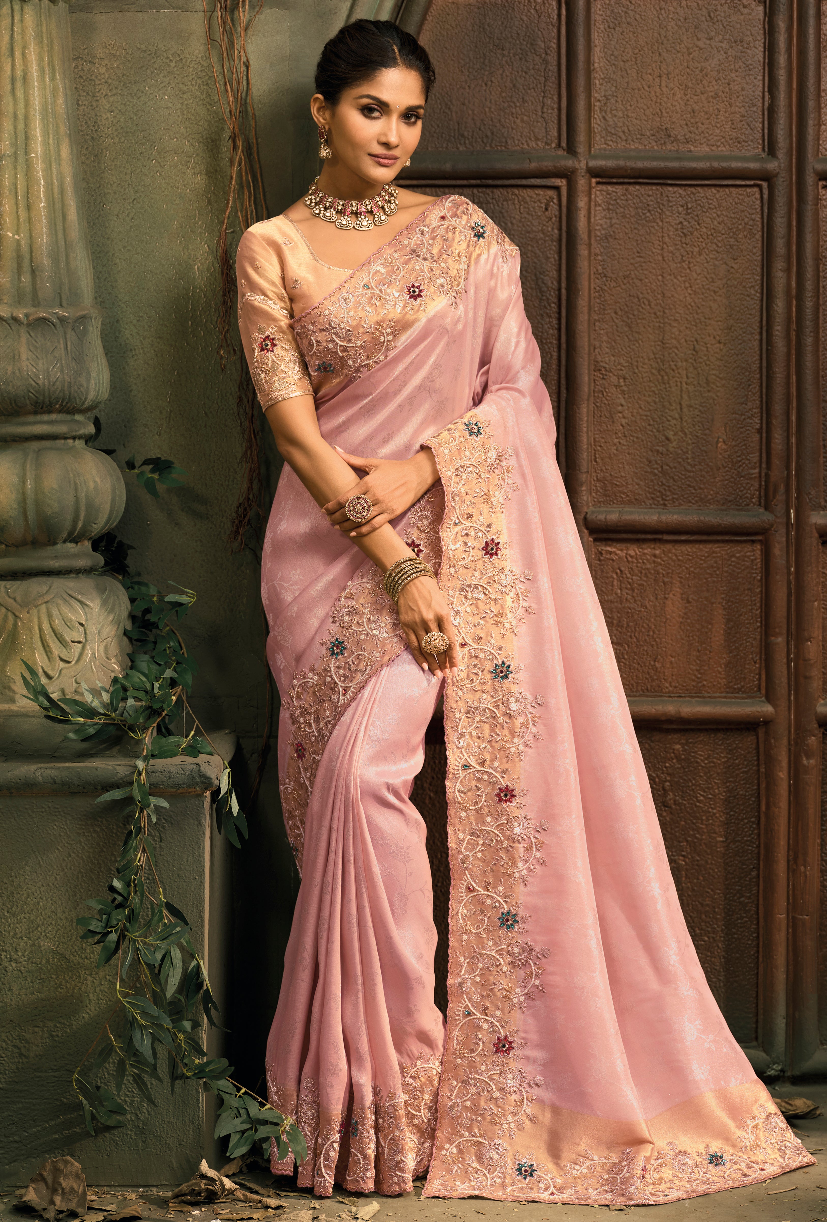 Pink Saree With Jari, Moti, Cut-Dana With Emerald Heavy Work