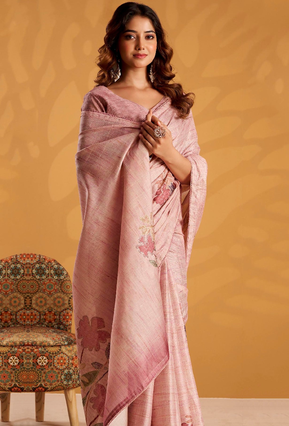 Pink Saree With Printed With Kasheeda work