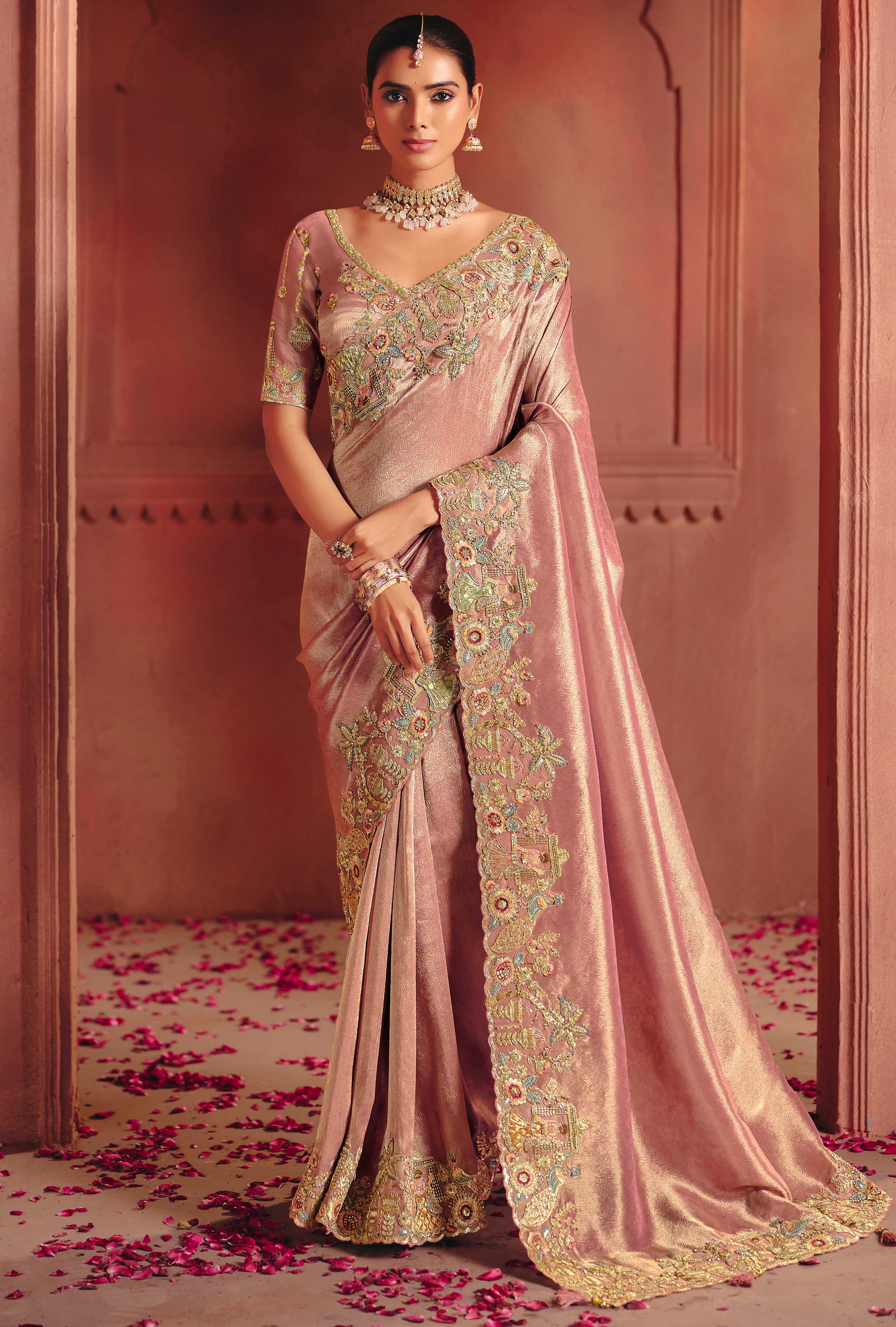 Pink Saree With Sequin, Thread, Weaving Heavy Embroidery Work With Heavy Embroidery Work Blouse