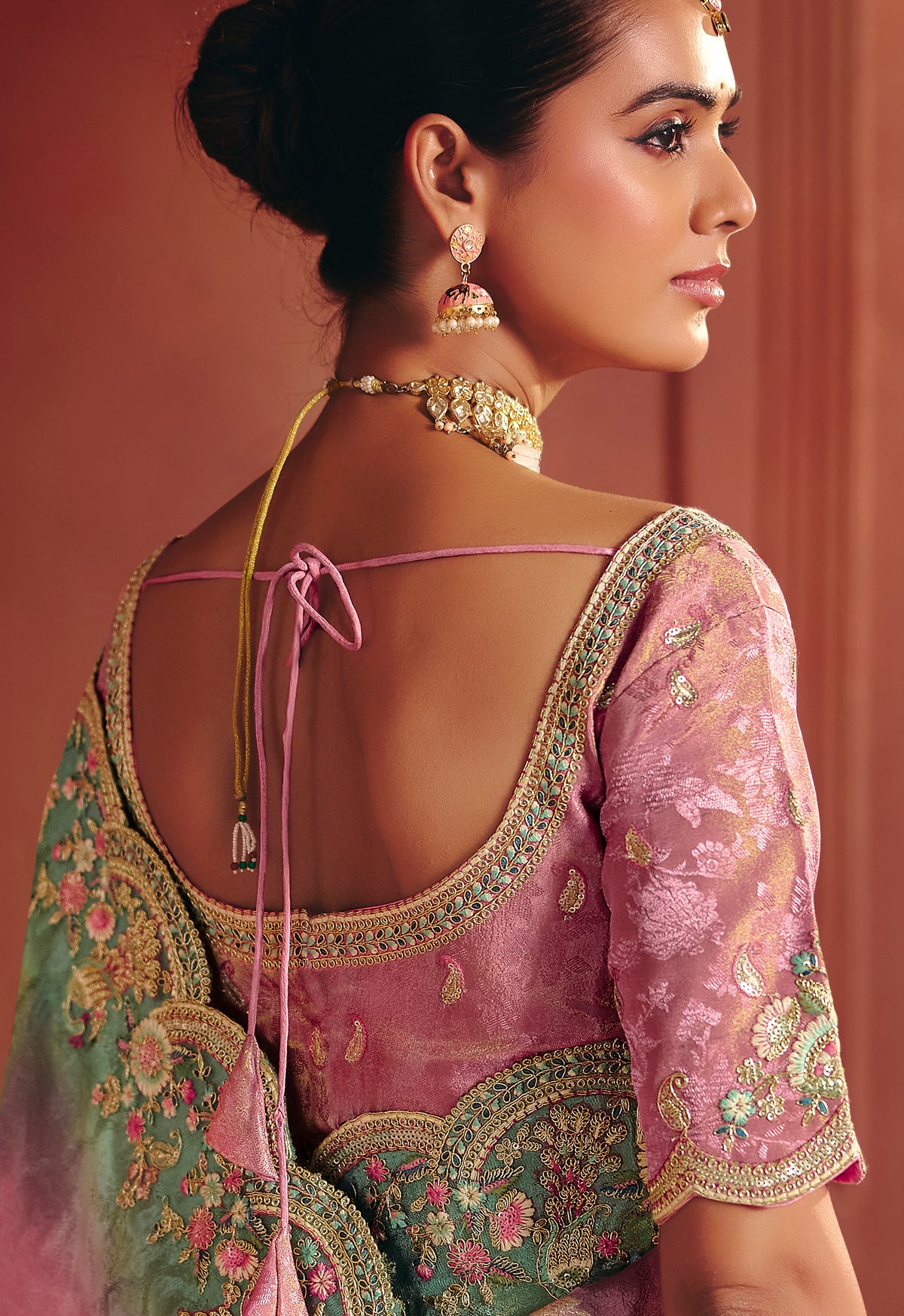 Pink Saree With Sequin, Thread, Weaving Heavy Embroidery Work With Heavy Embroidery Work Blouse
