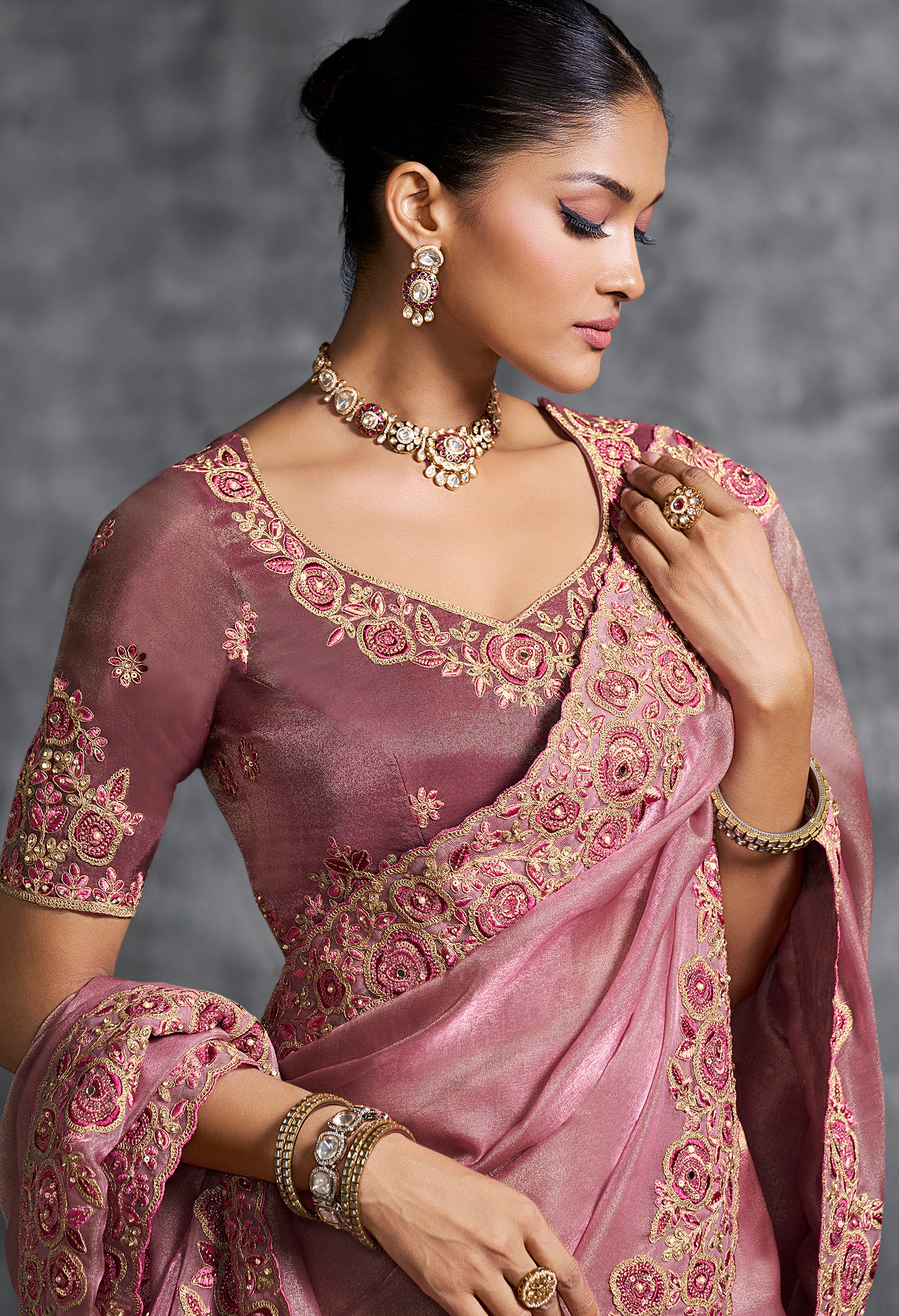 Pink Saree With Thread Embroidery Work ,Hand-Finished Stone & Mirror work With Embroidery Blouse