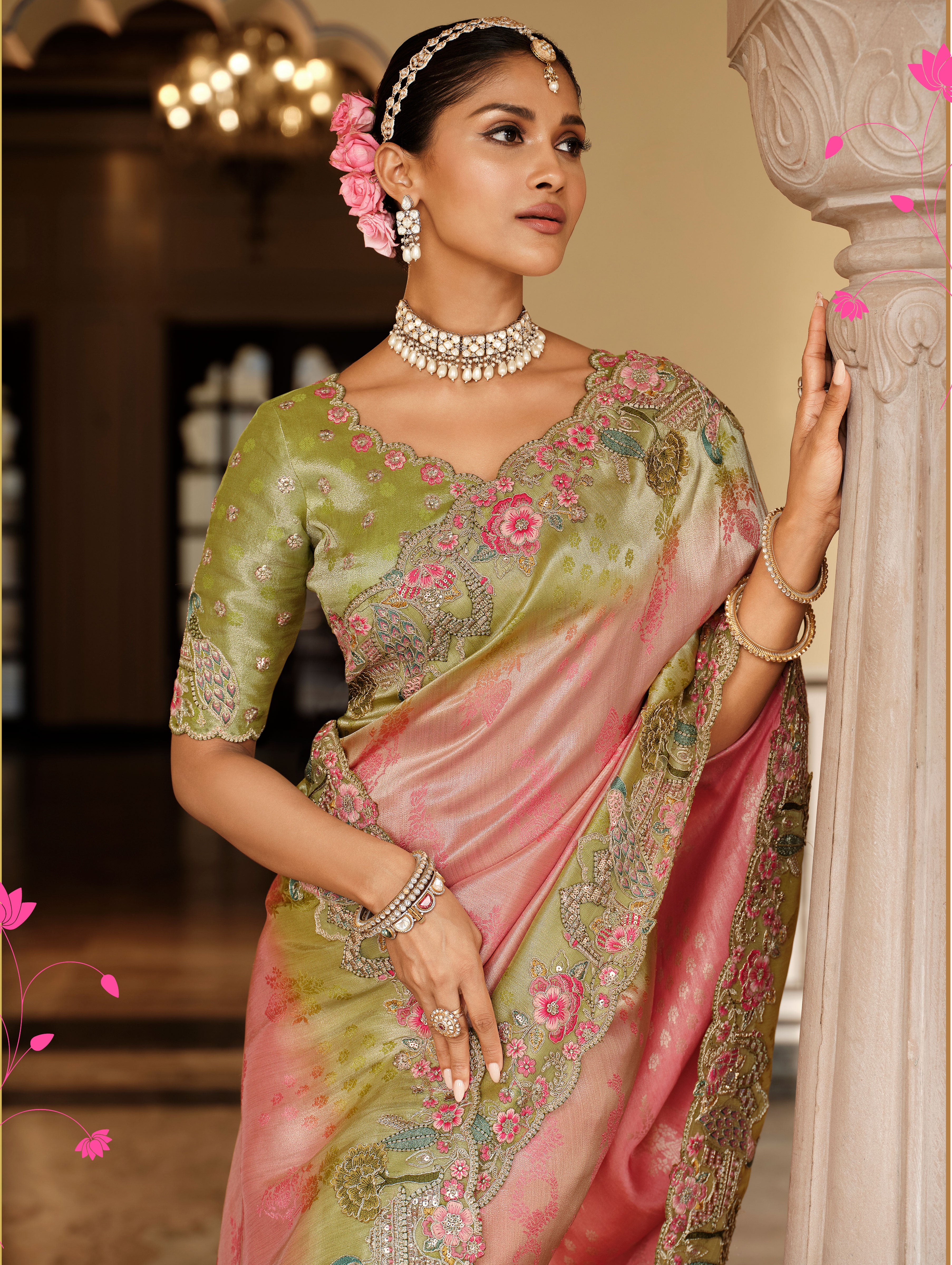 Pink Saree With Zari weaving With Heavy Thread Embroidery With khatli work