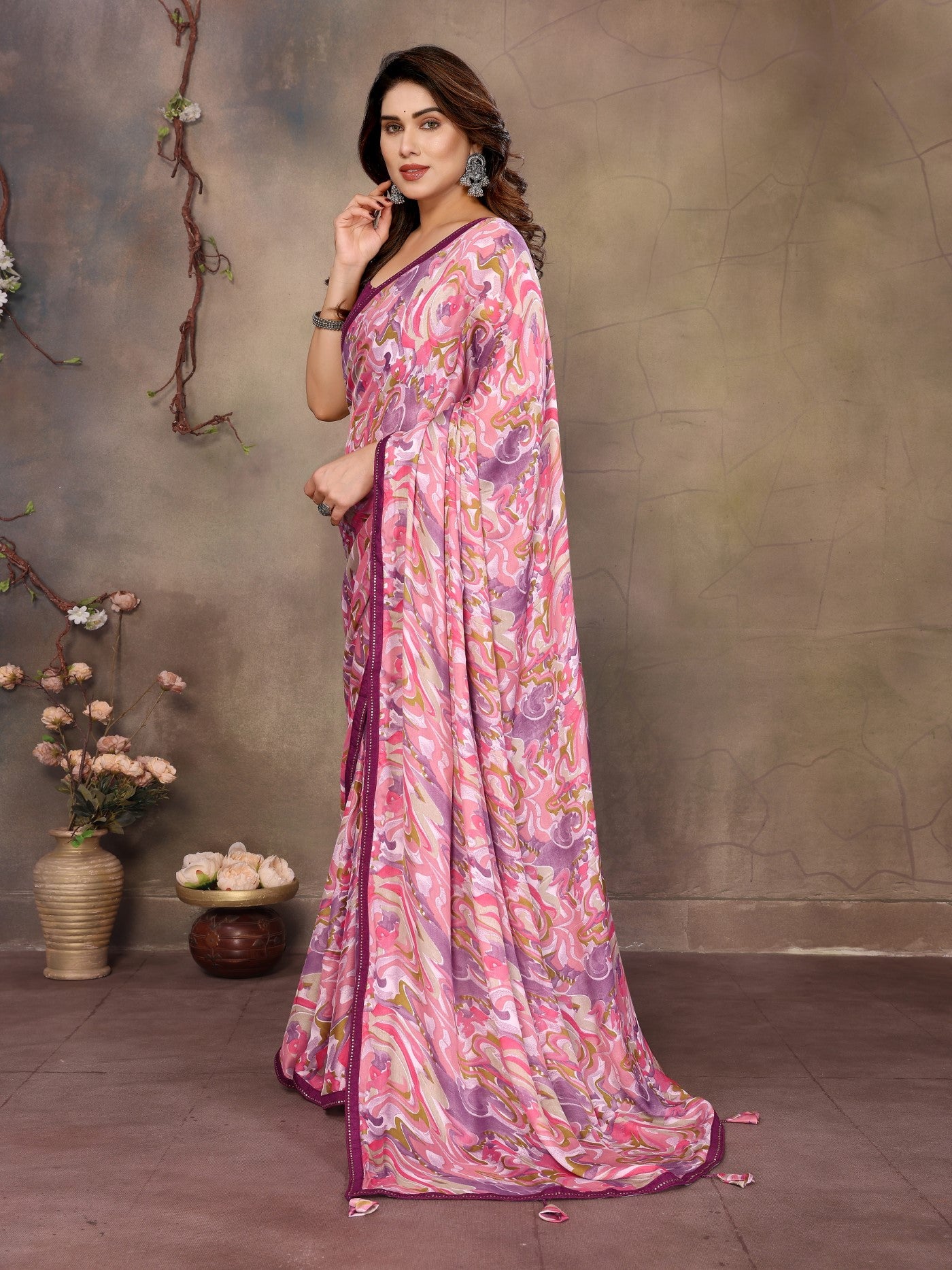 Pink Satin Chiffon Saree With Printed Saree With Embroidery Work Blouse